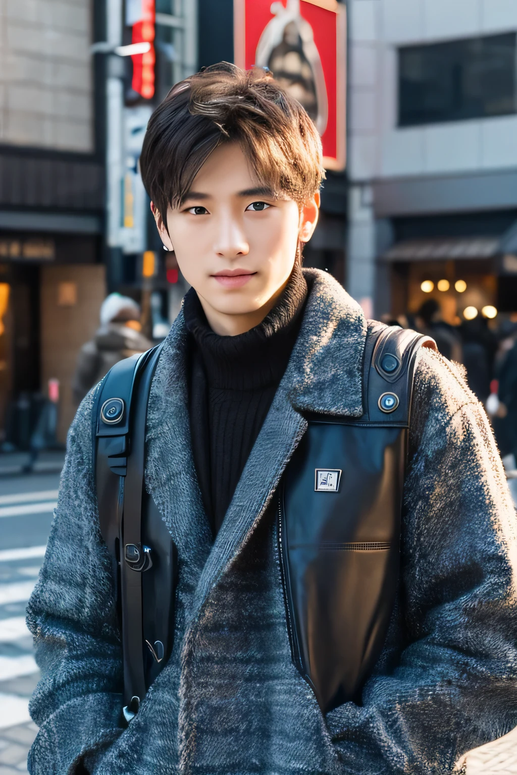 Photoreal, 8K full body portrait, Handsome, mens, 15 years old, gentle expression, Tokyo city, winter, With Shibuya in the background