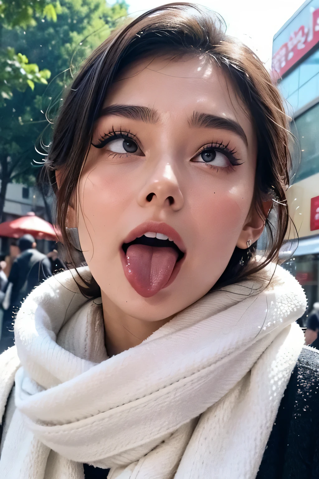 Audrey Hepburn、1 girl,debris flies,,award winning photos, very detailed, focus the eyes clearly, nose and mouth,face focus, super close up of face、woman with open mouth and closed eyes,20-year-old,black hair、symmetrical face,realistic nostrils、angle from below、elongated C-shaped nostrils,,,,,,,,,,,NSFW,sweaty and shiny skin、skin shining with sweatを強調する照明、((sharp nose))skin shining with sweat、shiny skin、sweaty hair、sun'Rays shine、(wrinkles between eyebrows))(cum on tongue)、deep kiss、((thin eyebrows))oily skin、glistening shining skin、double eyelid、wet and shiny tongue、Beautiful face woman with wet tongue full of foam、Beautiful woman、medium hair,roll your eyes、shortcut、Harajuku street、winter、modern coat、scarf、