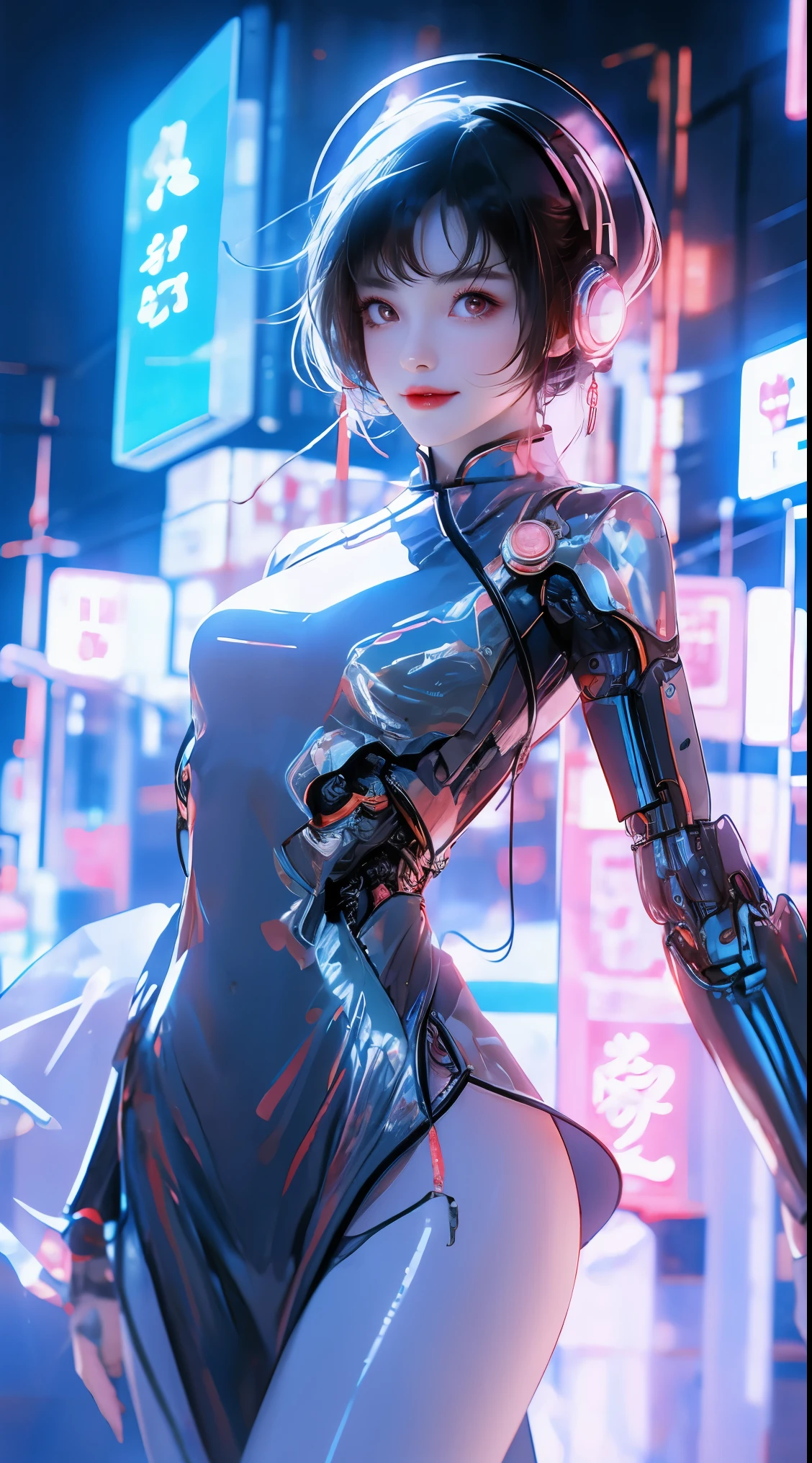 1 girl, Chinese_clothing, liquid silver and pink, cyberhan, cheongsam, cyberpunk city, dynamic poses, Luminous headphones, Luminous hair accessories, long hair, Luminous earrings, glow necklace, cyberpunk, 高science and technology城, full of mechanical and futuristic elements, futuristic, science and technology, glowing neon lights, pink, blue light, Transparent tulle, Transparent streamers, laser, 