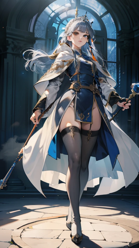 masterpiece, ultra detailed, 8k portrait, RAW photo, portrait photography, highly detailed face, beautiful and meticulous eyes, ((Fantasy)), Young beautiful, 22 years old, dynamic pose, (((expressionless))), (((blue gray colored hair))), ((one side braided with orange hair ribbon))), blunt bangs, White skin color, ((silver tiara)), Luxury, (((silver Silk Long Cloak))), (((Gorgeous Deep blue long robe))), (((dark thigh high tights))), high cut leather boots, ((lift up long magical staff)), Midday Sun, hyper realistic, Body model, Small breasts, Beautiful breasts, Long legs, in the castle, Ambient lighting, Shadow details , Camera focus on thigh, strong breeze, Light fog