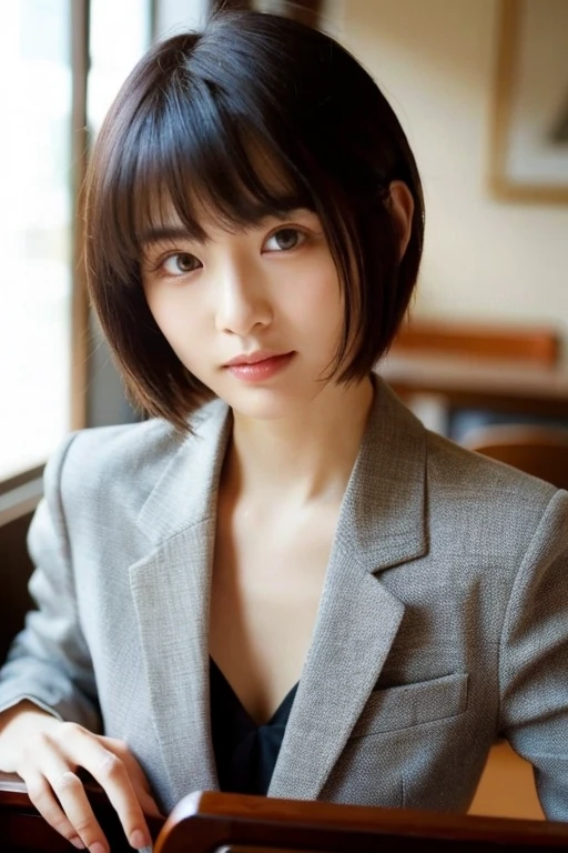 ((highest quality)), ((table top)), (be familiar with), perfect face, japanese women, boss, thin、suit, short cut hair,