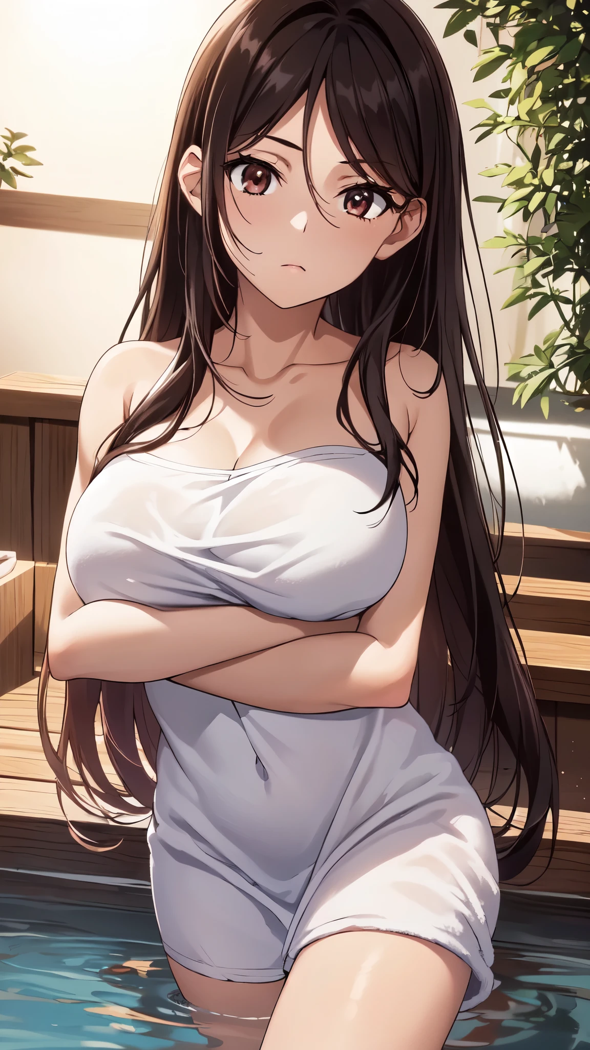 realistic, hyper detail,very accurate and detailed,超High resolution,Highly detailed CG Unity 8k wallpaper,(realistic,Photoreal,超realistic:1.5), smile,blush,girls only, long hair, dynamic lighting, ((bold imaginative poses)), (Glossy skin:1.5), masterpiece, highest quality, confused, audience,(High resolutionのバスタオル:1.4),(naked towel:1.4),(Covered with bath towel:1.4), (black hair:1.4),(long straight hair:1.5),(brown eye:1.4),((beautiful, fine eyes:1.3)),(wet clothes:1.4), thin, High resolution, sharp focus, written boundary depth, eye for detail, clear eyes, ((beautifulアニメの目:1.4)), outdoors, sunrise sky,Open-air bath at a long-established hot spring inn,(Covered with bath towel:1.4)