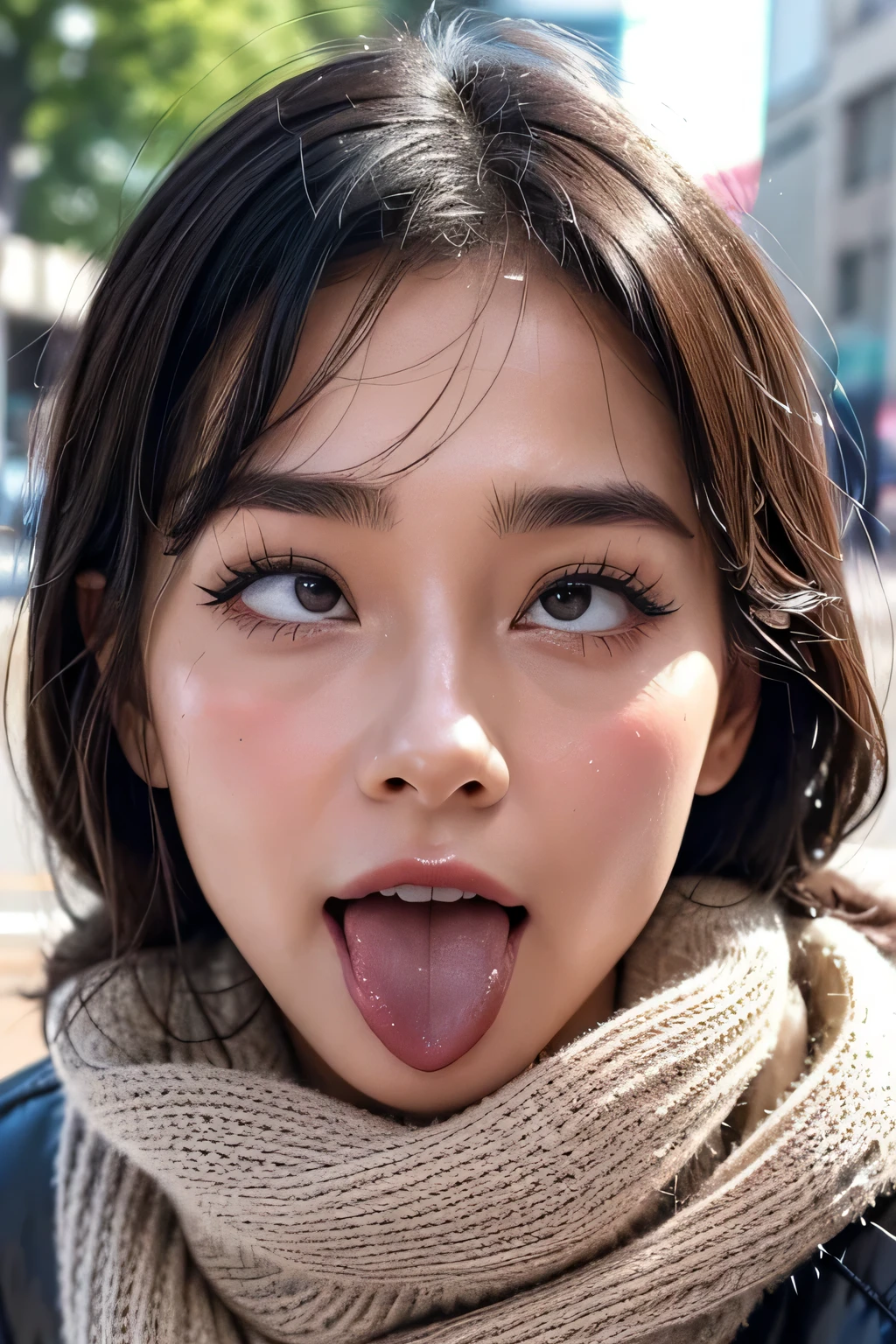 Audrey Hepburn、1 girl,debris flies,,award winning photos, very detailed, focus the eyes clearly, nose and mouth,face focus, super close up of face、woman with open mouth and closed eyes,20-year-old,black hair、symmetrical face,realistic nostrils、angle from below、elongated C-shaped nostrils,,,,,,,,,,,NSFW,sweaty and shiny skin、skin shining with sweatを強調する照明、((sharp nose))skin shining with sweat、shiny skin、sweaty hair、sun'Rays shine、(wrinkles between eyebrows))(cum on tongue)、deep kiss、((thin eyebrows))oily skin、glistening shining skin、double eyelid、wet and shiny tongue、Beautiful face woman with wet tongue full of foam、Beautiful woman、medium hair,roll your eyes、shortcut、Harajuku street、winter、modern coat、scarf、