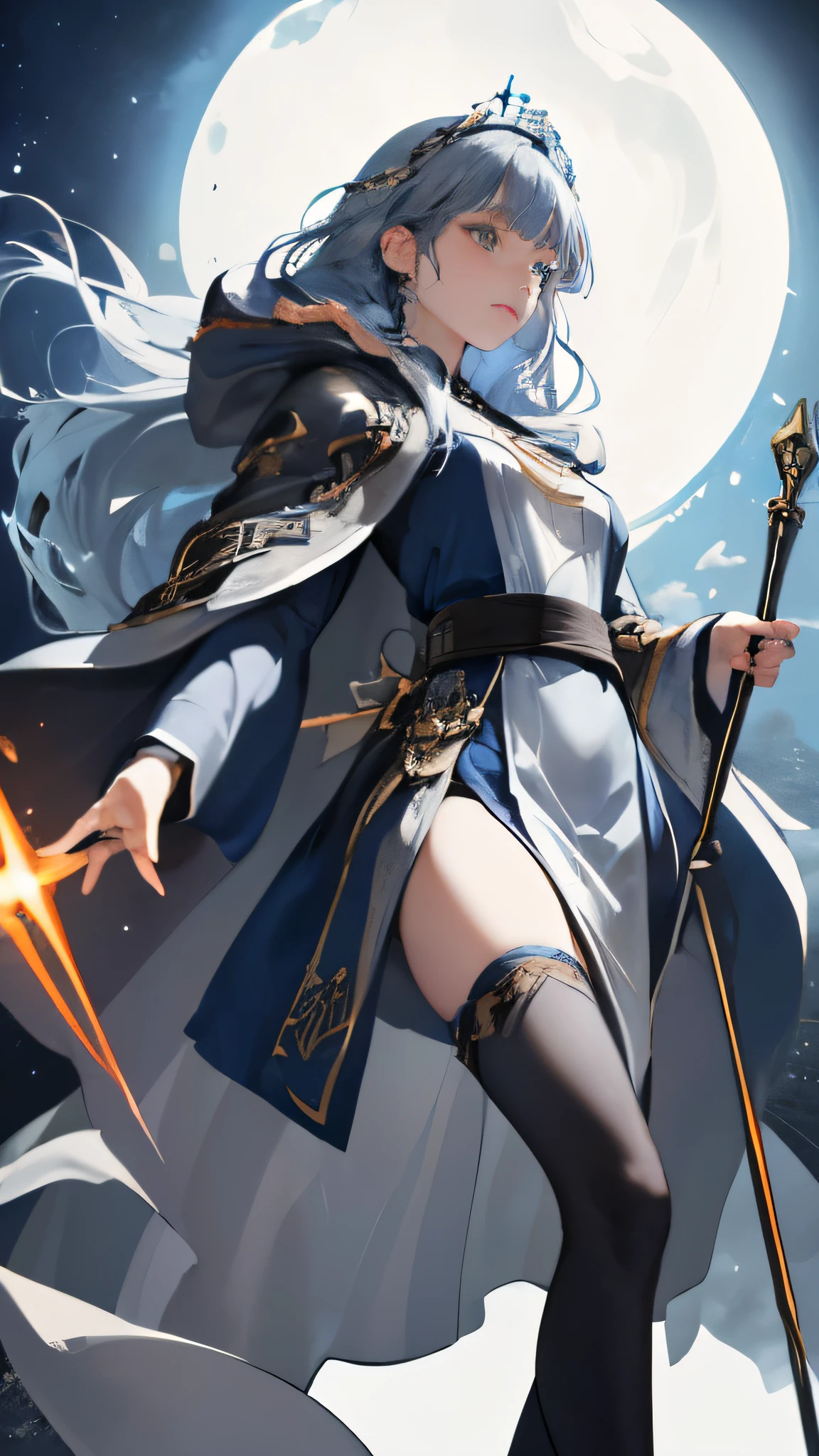 masterpiece, super detailed, 8K portrait, RAW photo, portrait photography, highly detailed face, beautiful and detailed eyes, ((fantasy)), young and beautiful, 22 years ago, dynamic pose, (((No expression))), (((Blue-gray hair))), ((One side is braided with an orange hair ribbon))), dull bangs, white skin color, ((silver tiara)), luxury, (((silver silk long cloak))), (((Gorgeous deep blue long gloves))), (((dark thigh high tights))), High Cut Leather Boots, ((Lift a long magic wand)), midday sun, surreal, body model, small breasts, beautiful breasts, long legs, inside the castle, environmental lighting, shadow details , Focus the camera on the thigh, strong wind, light fog