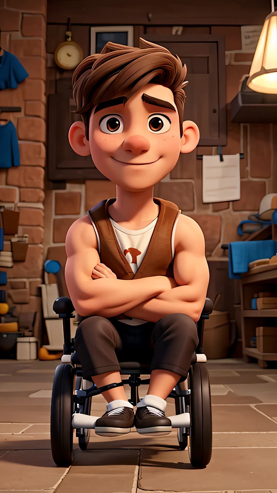 a young somewhat muscular man sitting in a wheelchair has brown hair and brown eyes
