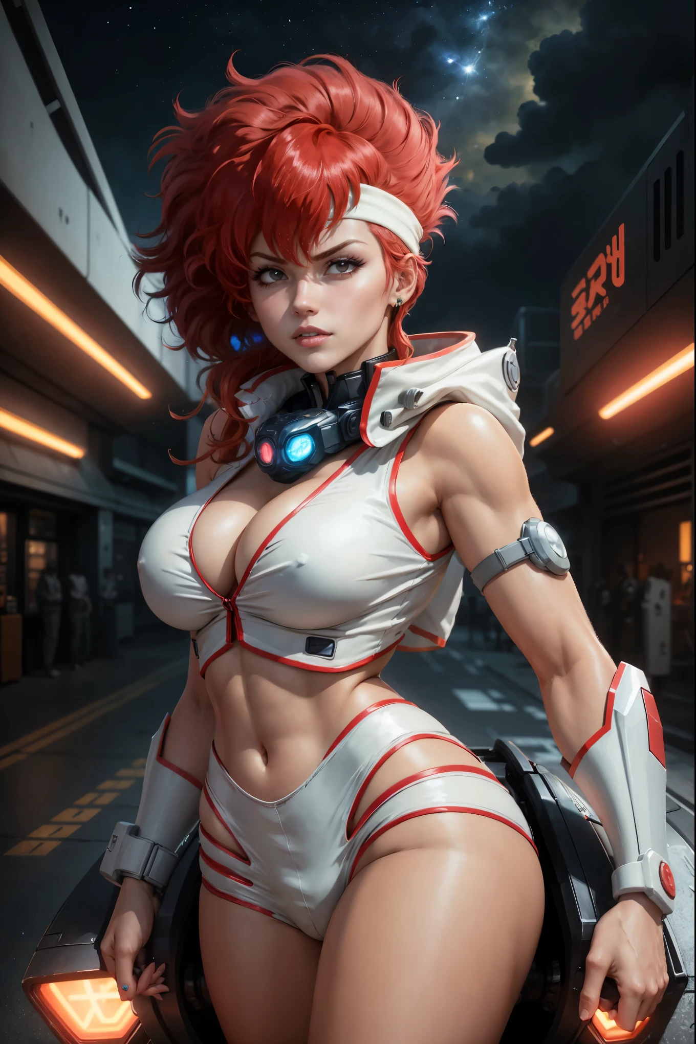 (best quality,ultra-detailed,portrait:1.2),vibrant colors,Kei from The Dirty Pair,fierce expression,beautiful detailed eyes,arrogant smile,curly maroon hair,shoulder-length hair,red hair,short bangs,strong jawline,female detective,combat outfit,light brown goggles,earpiece,hovering futuristic vehicle in the background,explosion effect,cityscape,night scene,sci-fi,neon lights,high contrast lighting