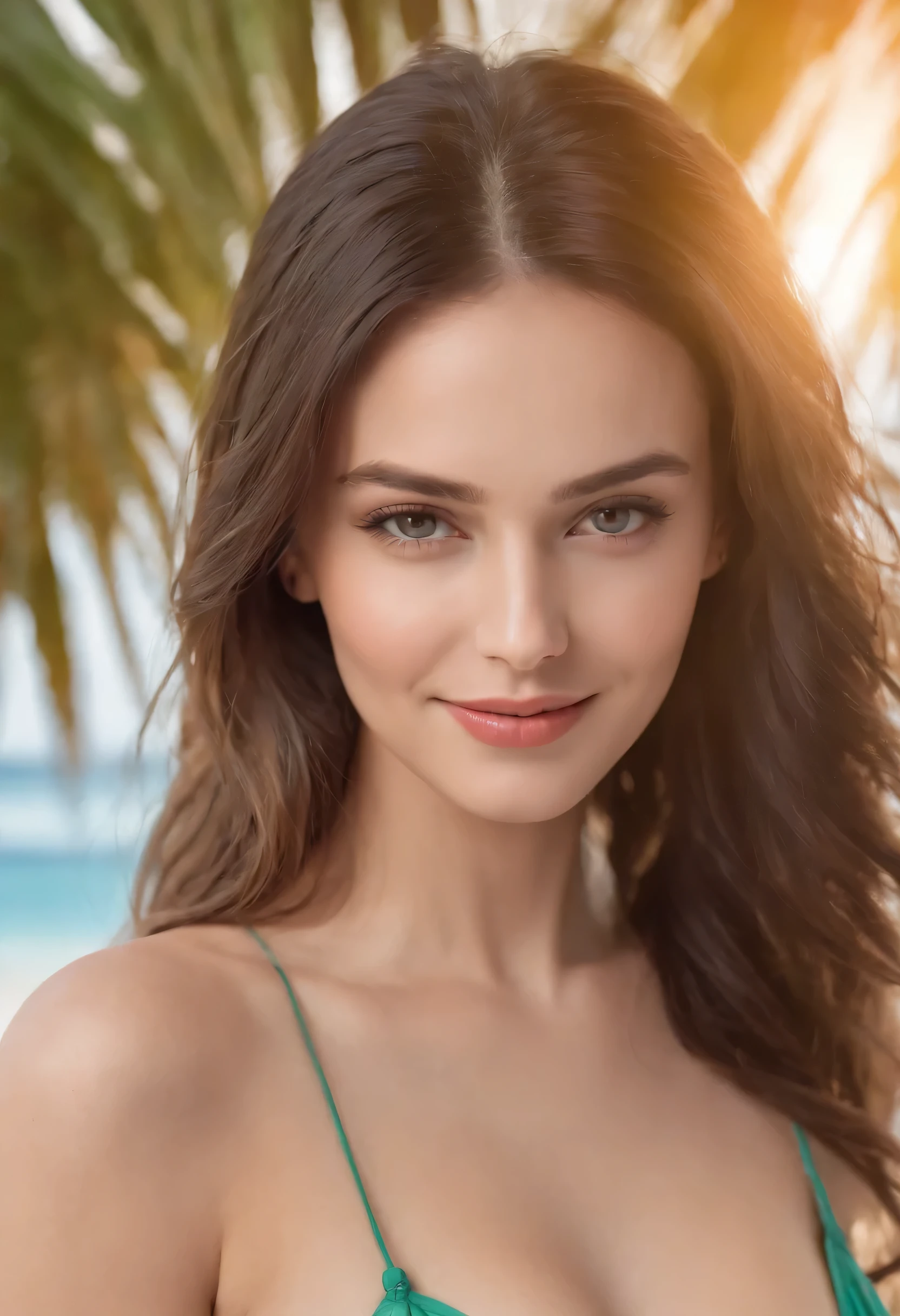 bandeau Bikini, cleavage visible, soft large breasts, smile, Ukrainian Beautiful model, tropical beach, 1 girl with a beautiful face, (Photo 4K:1.1) , (Sharp Focus:1.3), High Detail, Instagram Pattern Pose, confident, slim girl, big tits:1.3, perfect anatomy, perfect symmetry:1.3, perfect face, content, confident, very detailed, and dramatic, Lighting scene, bright lighting, short hair