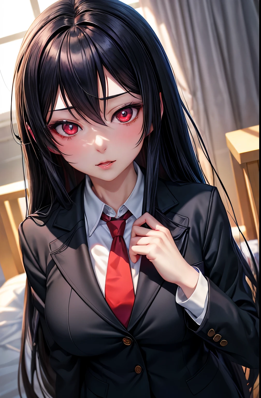 anime girl with long black hair wearing a suit and red tie, smooth anime cg art, anime moe artstyle, painted in anime painter studio, beautiful anime high school girl, seductive anime girl, noire moody scene, close up of a young anime girl, noire photo, attractive anime girl, a hyperrealistic , detailed digital anime art