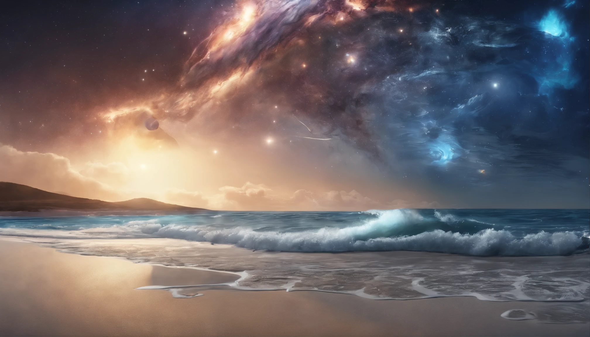 huge planet, night, starry sky, surrealism, table top, High resolution、impressive milky way:1.9、sandy beach、vast blue sea、blue glacier、lightning:1.9、protoplanet