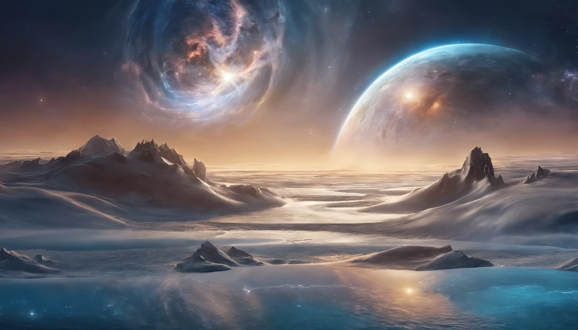 huge planet, night, starry sky, surrealism, table top, High resolution、impressive milky way:1.9、sandy beach、vast blue sea、blue glacier、lightning:1.9、protoplanet