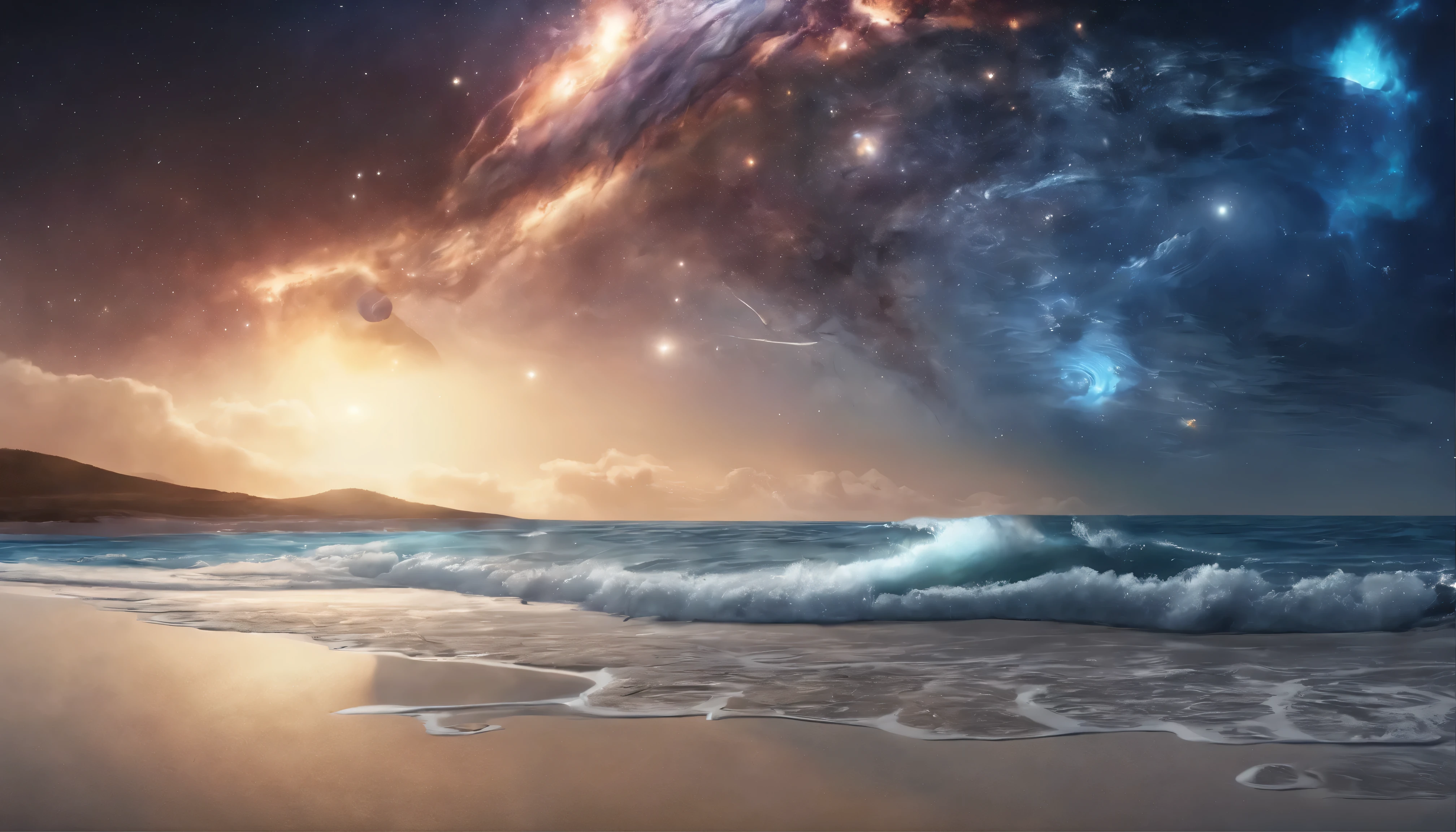 huge planet, night, starry sky, surrealism, table top, High resolution、impressive milky way:1.9、sandy beach、vast blue sea、blue glacier、lightning:1.9、protoplanet