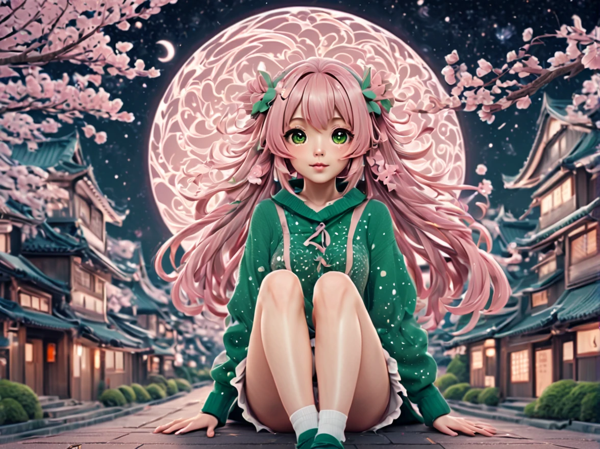 (best quality, highres, ultra sharp), (magical cute sakura maiden:1.2). with (exaggerated hair, huge fluffy hair, expanded hair, exagerated voluminous hair, small freckles, green sweater with small dots, details, horsehair, fluffy, socks, magic background, cute art deco buildings, flowing lines, clean and crisp outlines, zentangle hair style, zentangle, starry sky, 3d crunch, cinematic, full body with long legs, from head to shoes, multiple sides view, split image in 2 parts,