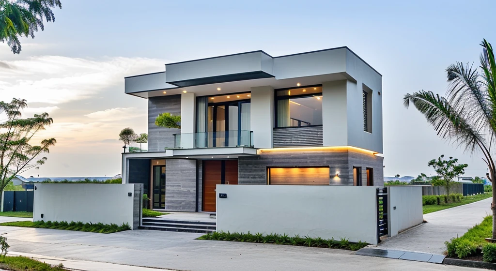 Raw photo,Masterpiece, high quality, best quality, authentic, super detail, soft lighting, high quality, exterior, outdoors, onestoreyvilla, house style modern on the street vietnam road,pavement, grass, trees, blue sky, cloud, (day:1.1), vivid colour, (realistic:1.2), unreal engine 5, vray tracing