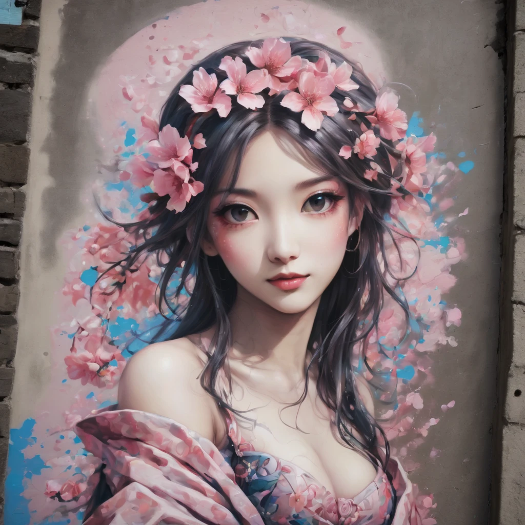(masterpiece, best quality), Graffiti of a magical sakura maiden, on a street wall, signed by the word "TUPU".