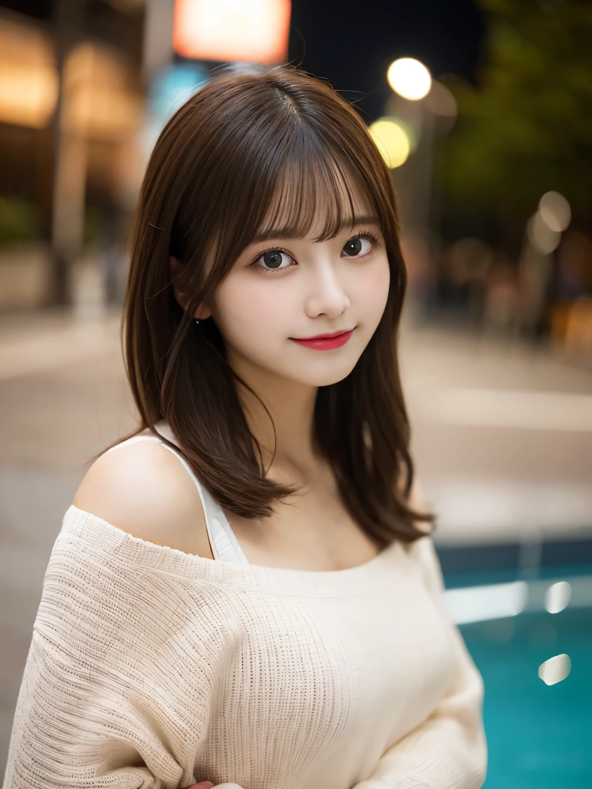 muste piece, best quality, illustration, Super detailed, fine details, High resolution, 8K Dende Wallpaper, perfect dynamic composition, beautiful detailed eyes, she is wearing a black red dress,medium hair,natural color lip, shy smile,Harajuku style、20 year old girl、There is only one person, bust up photo、don't tilt your head、correct posture、stretch your back、Never show your hands、stand up straight、cute type、looking at camera、C cup breasts、golden hair、I won't touch you、Blurred night pool background