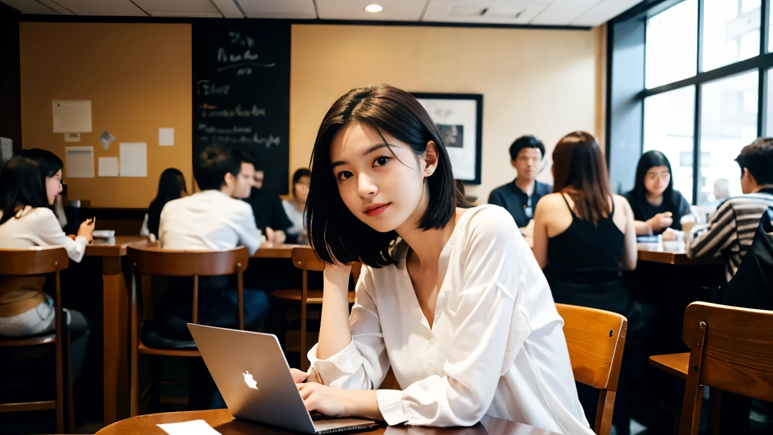 ((highest quality)), ((masterpiece)), (be familiar with), perfect face,Inside a bright and lively cafe in New York、Draws a scene where a beautiful model-like woman is studying on a laptop.。She is a Japanese college student、I have medium short brown hair.、It stands out for its beauty。Female college students、He was concentrating on his laptop on the table in front of her.、All around you, you can see other customers enjoying their time.。At the back of the cafe、The staff are busy working at the counter.、You can feel the liveliness and warmth typical of urban cafes.。This scene is、The calm beauty of a sexy female college student studying hard at a quiet cafe.、Capturing the moment when the cafe's lively daily life comes together。
