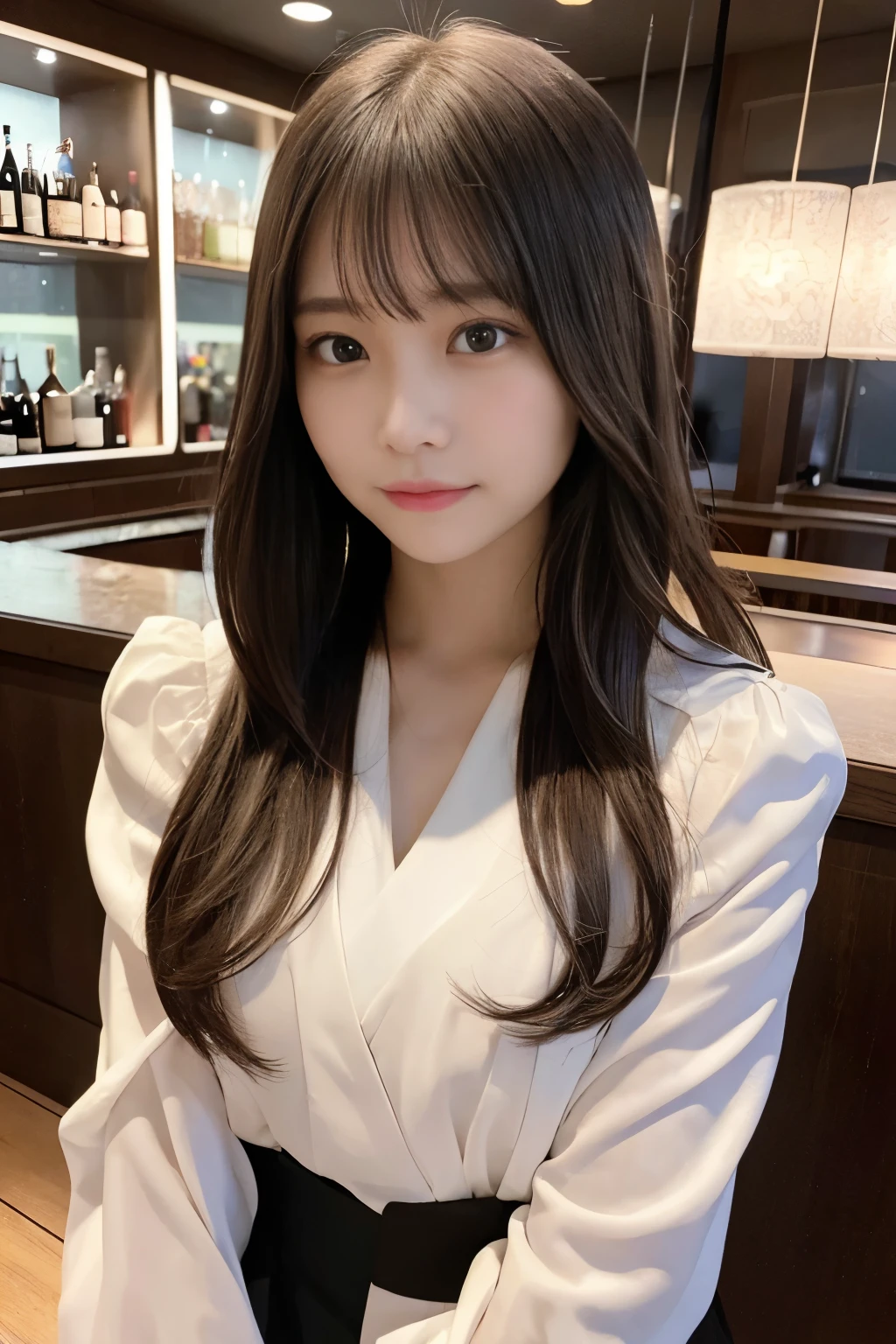 masterpiece, highest quality, 8k, , teen, RAW photo, award-winning portraits, smile shyly, 1 girl, idol face, 美New, Very good-looking, cute, japanese woman,female idol, round big eyes, droopy eyes, small nostrils, light makeup, big round eyes, tight waist, delicate girl, Upper body, Digital single-lens reflex camera, 85mm lens, f1.4, (Bokeh:1.1), looking at the viewer, Frank, Sophisticated, like々New, professional lighting, (detailed eyes and face:1.0),（suit and tie）、（inside the bar）、（Liquor bottles on the shelf）、（smile）