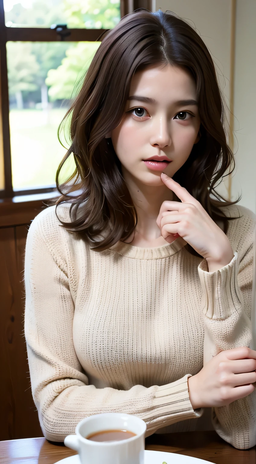 (RAW photo, highest quality), (realistic, Photoreal:1.3), table top, very delicate and beautiful, soft light, (brown hair,bob hair, layer cut), beautiful detailed girl, (finger details), highly detailed eyes and face, beautifully detailed nose, fine and beautiful eyes, 1 girl, Japanese, pure beauty, cute, young, sweater, (Half body:1.3), (medium breasts), realistic face, realistic body, outdoors