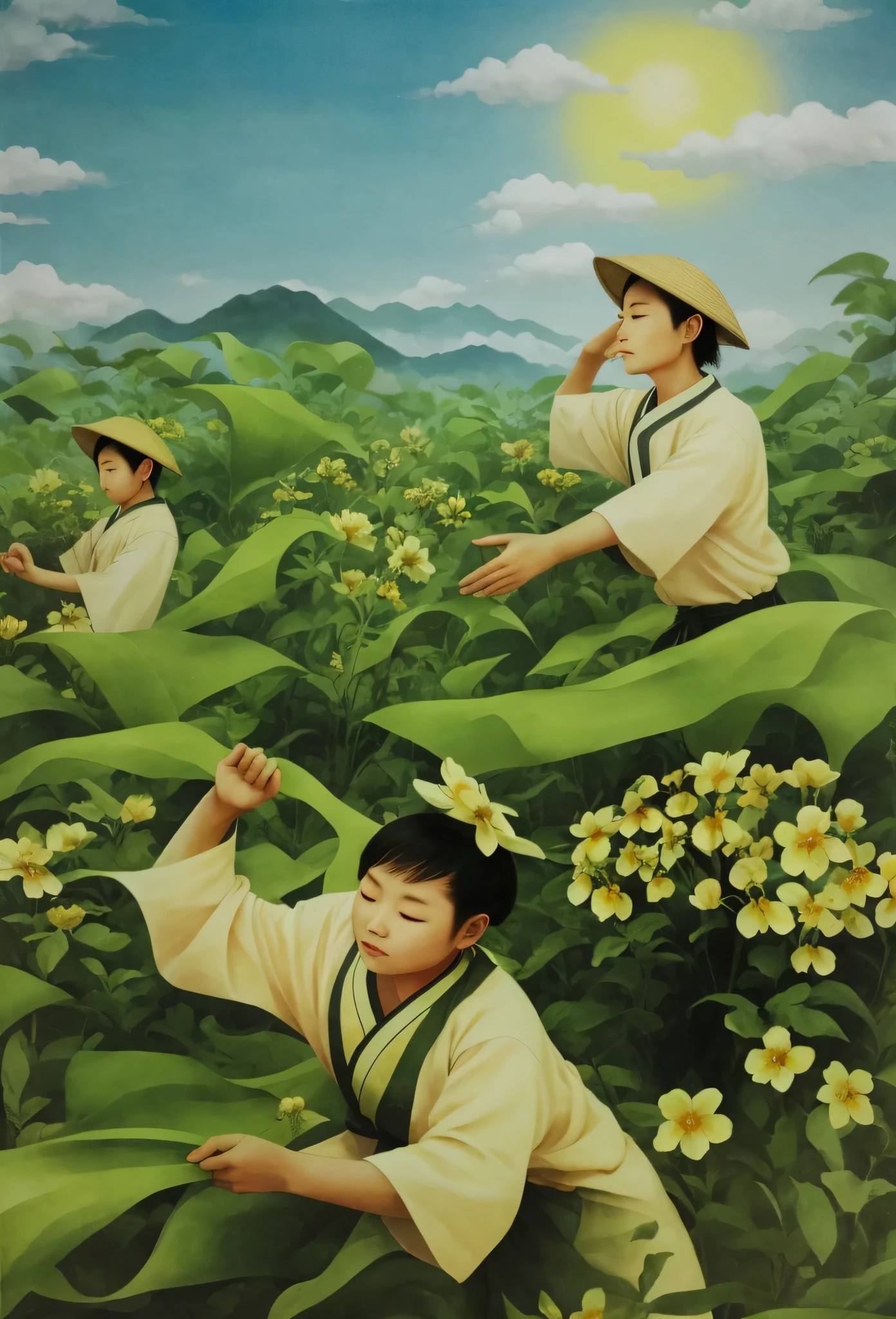 there are two field of flowers with a sky background, by Yang Borun, do hoang tuong artwork, traditional art, artwork in style of sheng lam, by Sheng Maoye, by Chen Daofu, full color illustration, by Ni Zan, by Kim Jeong-hui, by Qu Leilei, coronation of the flower prince