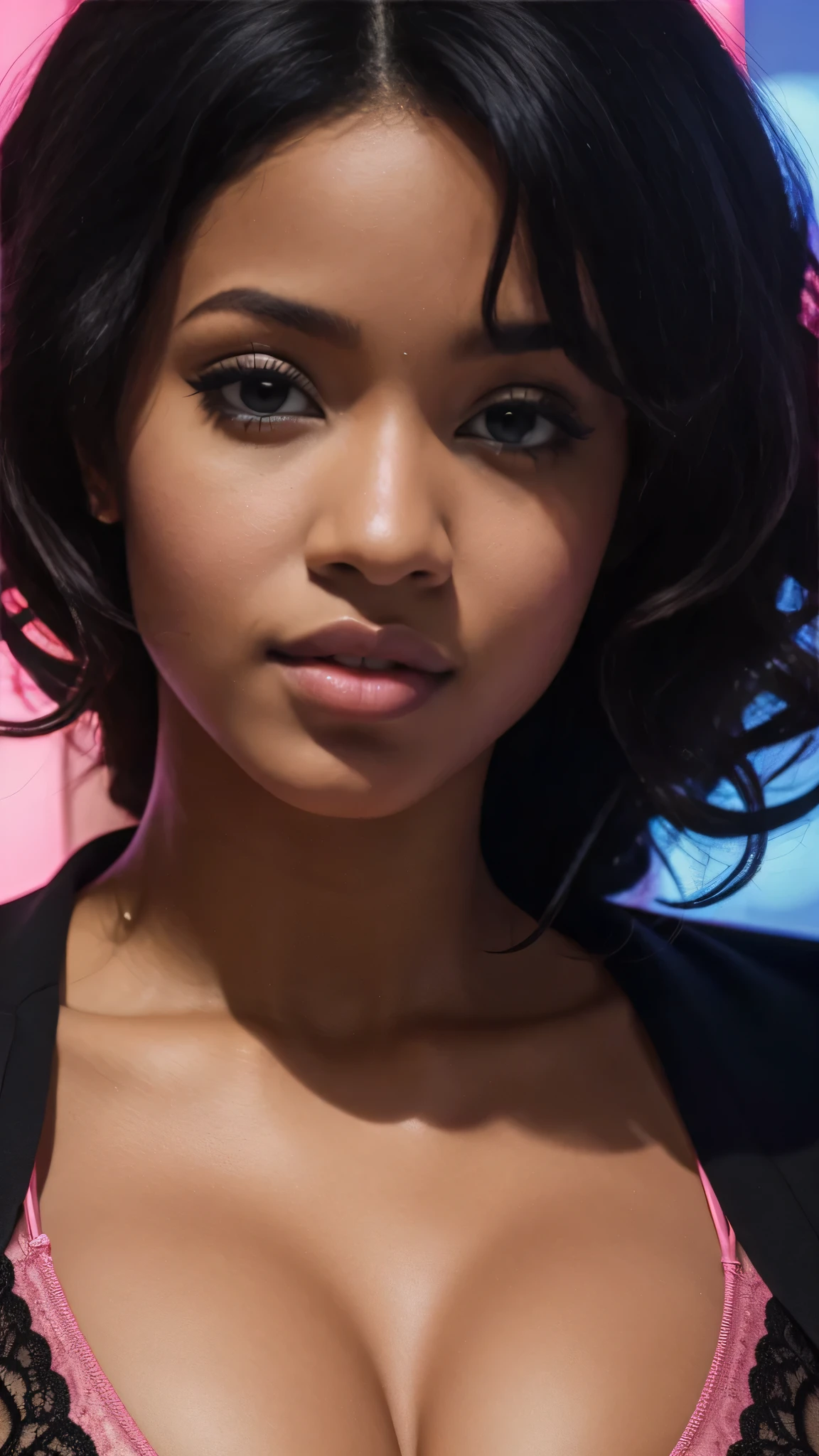 um close up de uma mulher com um vestido azul e um fundo rosa, taken in the early 2020s, Maria Borges, inspirado em Sophia Beale, foto de perfil headshot, Retrato Sophie Mudd, mulher jovem negra, jovem mulher negra, Mulher jovem afro-americana, Foto em estilo de Tyler Mitchell, Ryan Kiera Armstrong, foto do perfil