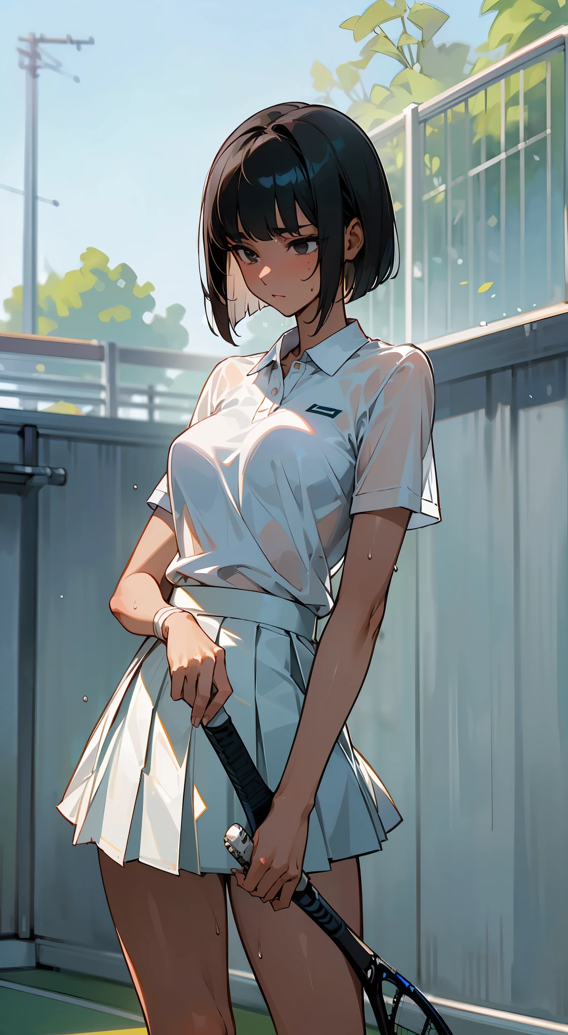 (Masterpiece), (Best Quality),Ultra High Resolution, Caustics, Detailed, Beautiful Detailed FACE,Perfect Anatomy,cowboy shot,solo20 year old beauty、日Book人、black hair,short bob hair,black eyes,slender body,ideal ratio body proportions,medium breasts,tan skin,gleaming skin,oily skin,shiny skin,sweat:1.3,standing,((Clothes that are see-through with sweat、tennis uniform、white polo shirt、White pleated mini skirt)),Tennis Racket1Book、Correctly drawn tennis racket、outdoors、Tennis court、