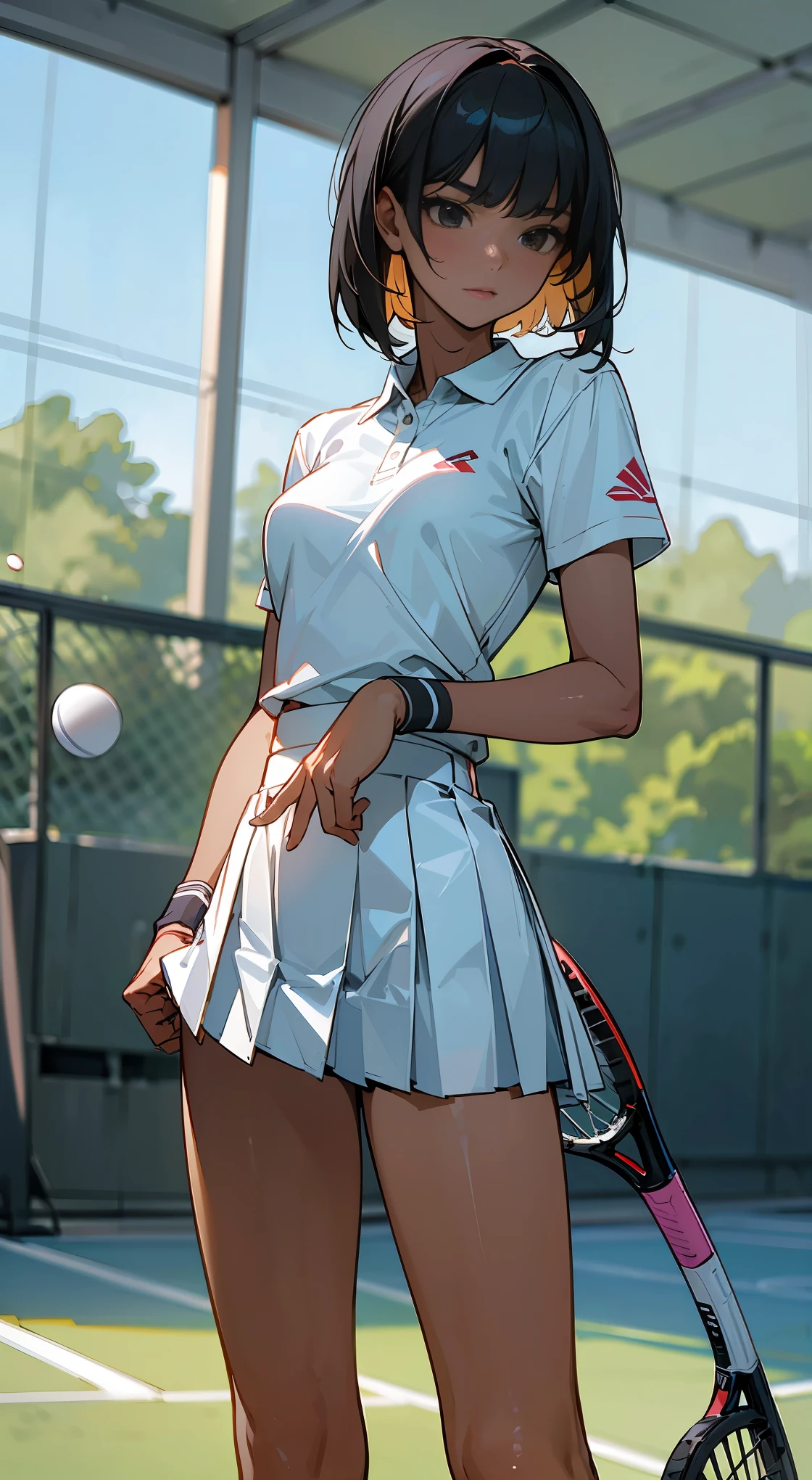 (Masterpiece), (Best Quality),Ultra High Resolution, Caustics, Detailed, Beautiful Detailed FACE,Perfect Anatomy,cowboy shot,solo20 year old beauty、日Book人、black hair,short bob hair,black eyes,slender body,ideal ratio body proportions,medium breasts,tan skin,gleaming skin,oily skin,shiny skin,standing,((LATEX、tennis uniform、white polo shirt、White pleated mini skirt)),Tennis Racket1Book、Correctly drawn tennis racket、outdoors、Tennis court、
