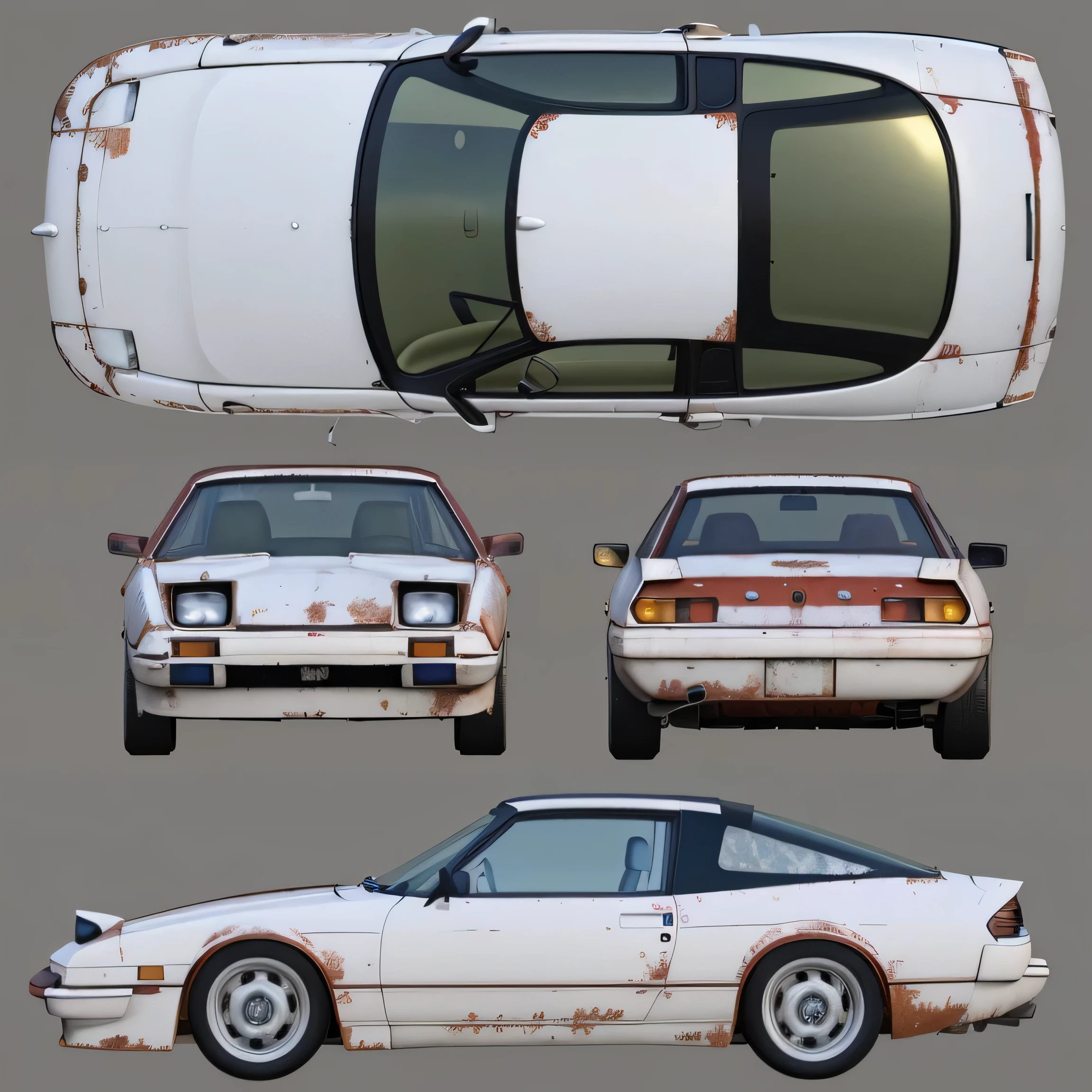 close-up of an old rusty car with four different views, Red sports car from the 80s.., very detailed hyperrealistic retro, very detailed car, Realistic cars, 3D rendering n – 9, Red realistic 3D rendering, Hyperrealistic, very detailed, very detailed, depicted as a 3D rendering, full view of sports car, high quality 3D realistic