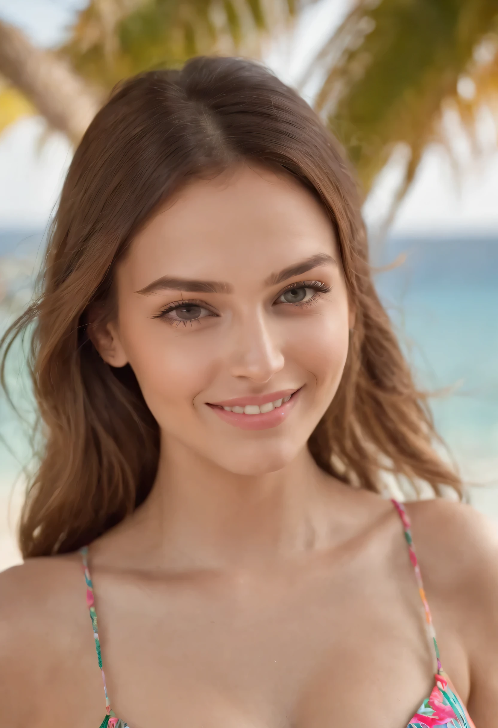colorful bandeau bikini, I can see the cleavage, soft big breasts, smile, beautiful european model, tropical beach, sunlight, 1 Girl with a beautiful face, upper body professional photo, (photo 4k:1.1) , (sharp focus:1.3), high detail, instagram pattern pose, With confidence, slim girl, big breasts:1.3, perfect anatomy, perfect symmetry:1.3, realistic, realistic face:1.2, perfect face, content, With confidence, very detailed, and dramatic, lighting scene, bright lighting