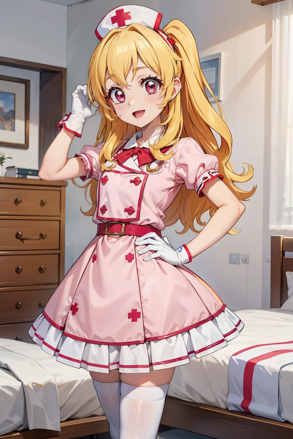 aikatsu,Blonde_HAIR,RED_HAIR_bandmasterpiece,best quality,ultra-detailed,super detailed skin,an extremely delicate and beautiful,beautiful detailed eyes,in1, side ponytail, long hair, solo, nurse, ((white nurse cap, white nurse's outfit)), ((white legwear, zettai ryouiki)), white gloves, smile, open mouth, standing, hospital room, sharp outline, short sleeves, best quality, masterpiece