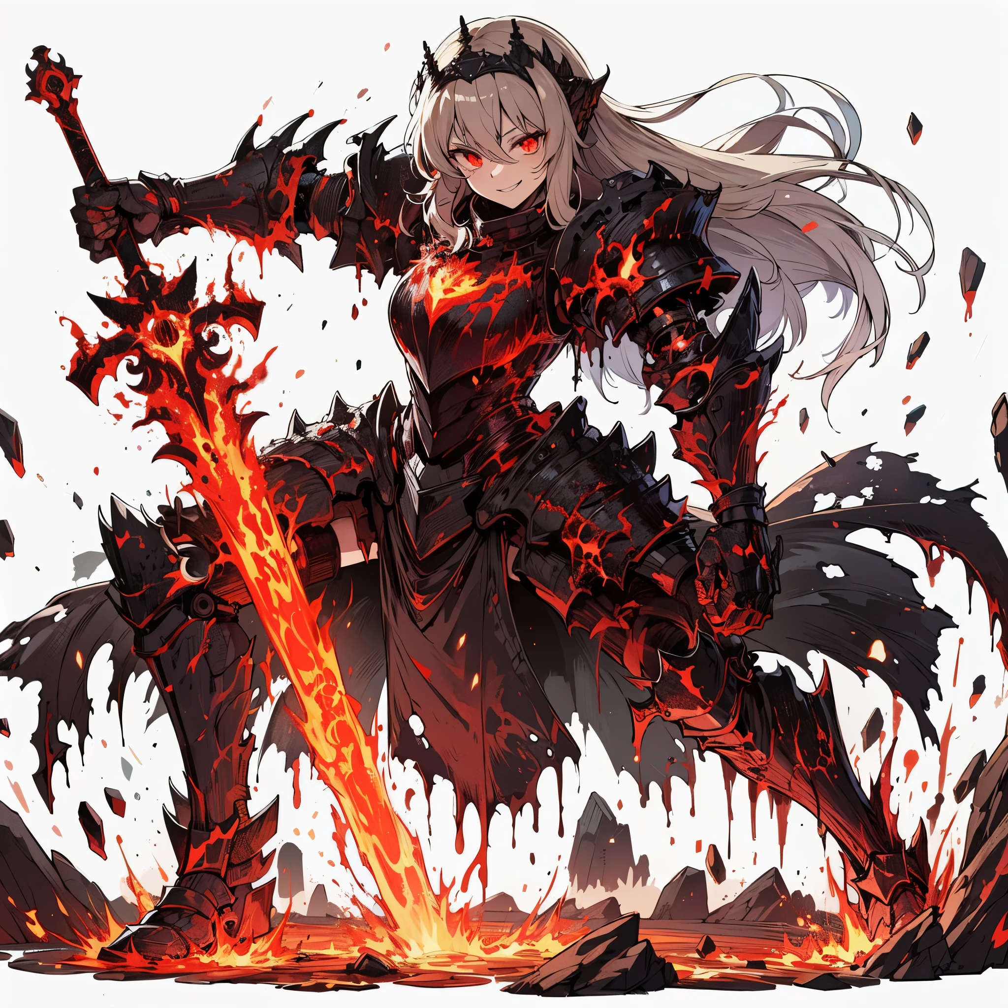 (Masterpiece), (Perfect Athlete Body:1.2), Full Body, anime style, female Knight of undead, glowing red eyes, ash hair, black burned armor, shedding molten iron like blood, holding blade, flaming fist, wearing raised boots, White Background, Whole Body, Standing in Rough Terrain, winning smile