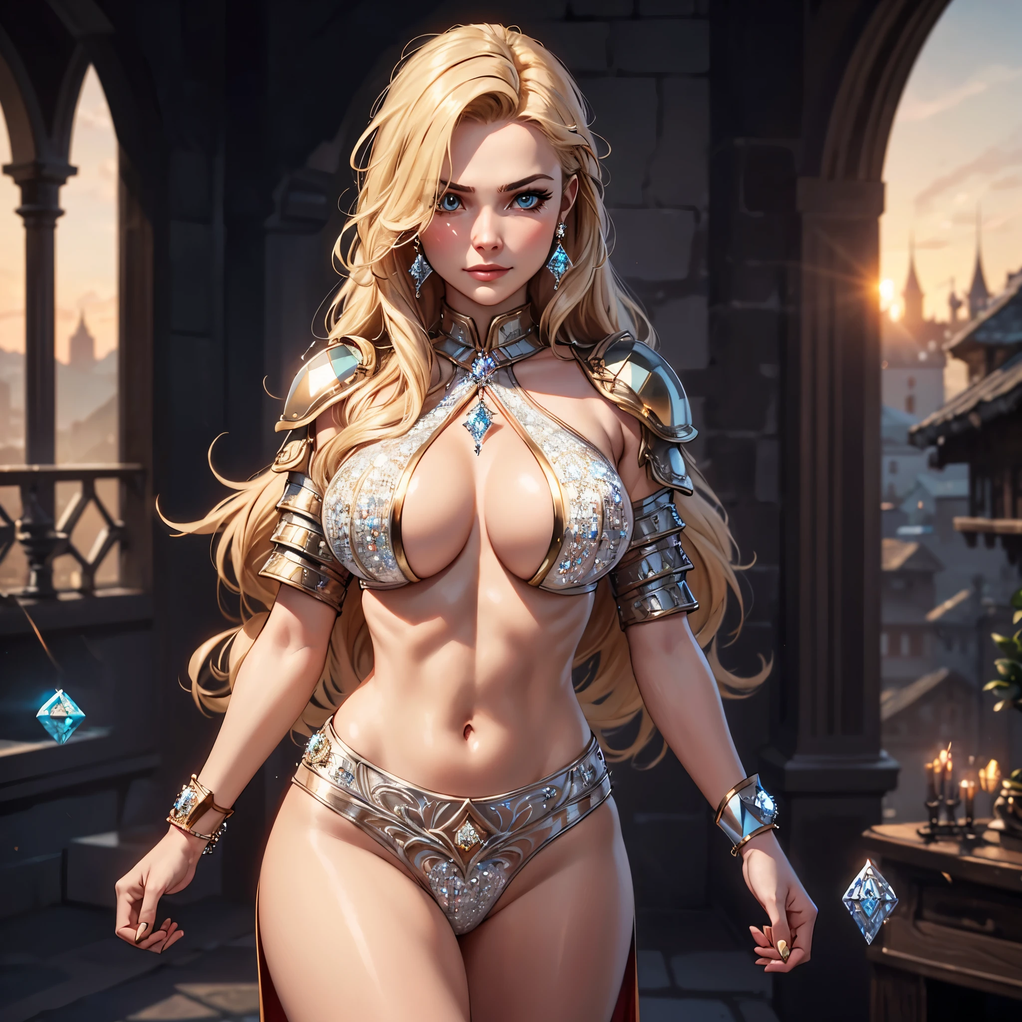Medieval fantasy setting, masterpiece, extremely beautiful twenty years blonde Sweden woman, armour ((full of many diamonds:1.7)), ((diamond armour)), confident, powerful, strong, fit, long wavy blond hair, warrior, luxury, beauty, beautiful intense eyes, determined face, slightly smiling, Caucasian european, intense, sunset, huge perky breasts, underboob, badass, peekaboo cleavage, perfect shot, cinematic close shot