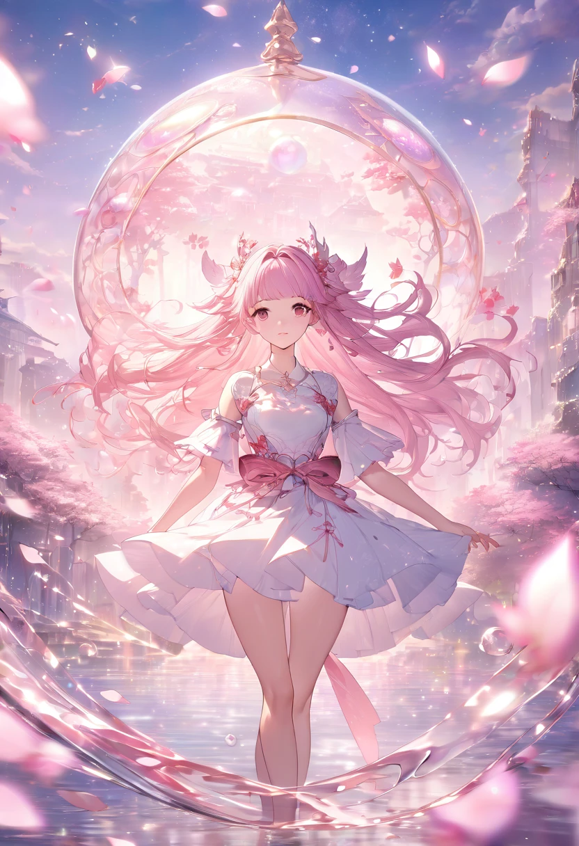 1girl, The Sakura Maiden, aesthetic, Cherry blossom in a glass sphere tilt shift 16k bokeh sparkles surrounded by floating petals, detailed matte painting, deep color, fantastical, intricate detail, splash screen, complementary colors, fantasy concept art, 8k resolution trending on Artstation Unreal Engine 5