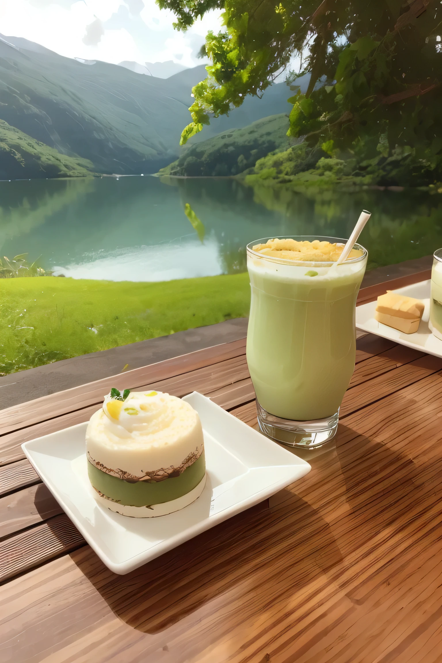 2 glasses for green tea milk with ice There is a brown tube. Desserts on two white plates, placed on a shiny wooden table. The view is a natural place.
