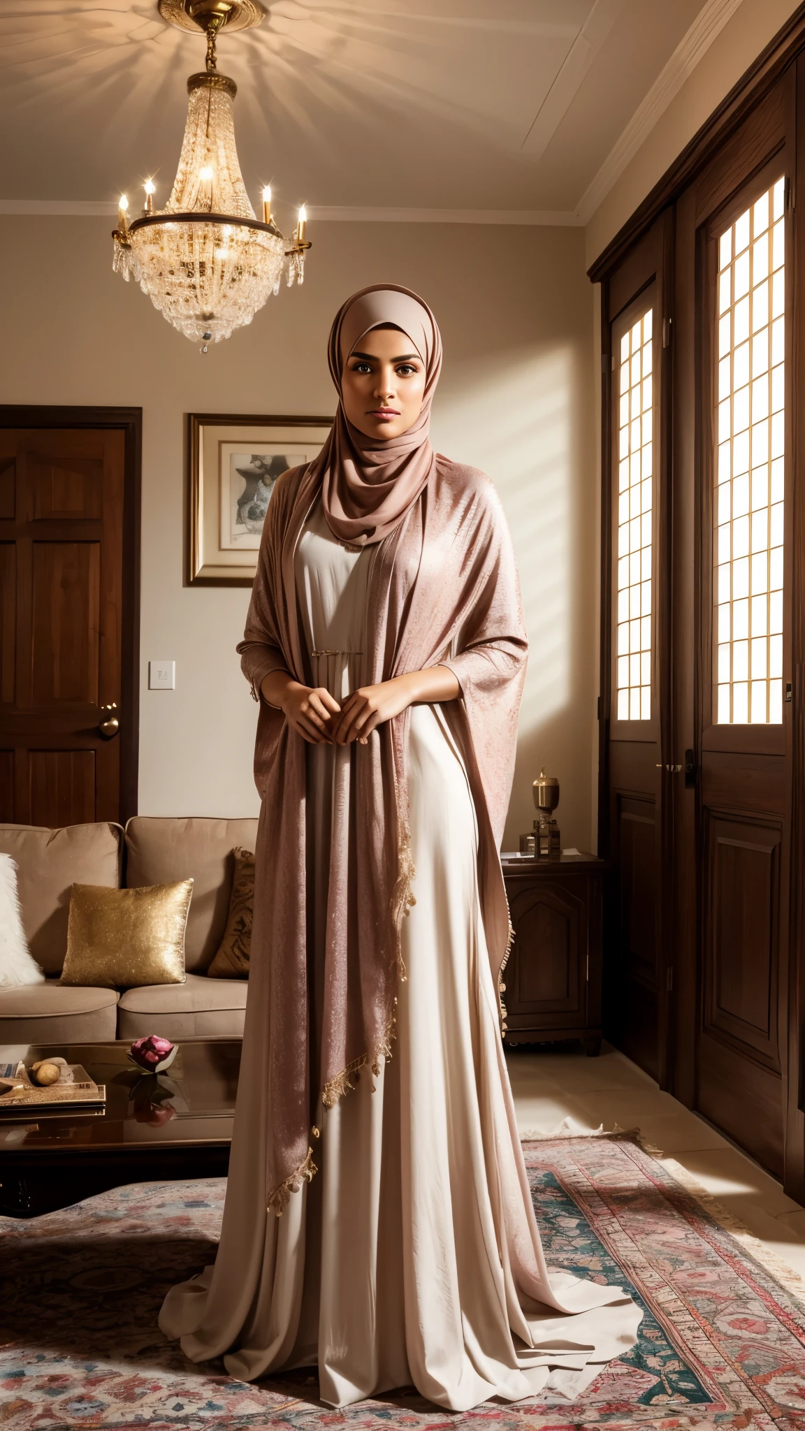 Full body shot, full body portrait, high resolution, high detailed, detailed face, detailed clothes. A man disguises himself as a muslim women wearing pashmina hijab and muslim women housedress, he looks convincing as a woman. Clean-shaven face, fair skin, bright skin, smooth skin, wearing makeup, feminine posture, looking at viewer, body facing to viewer, standing in a living room, aesthetic decor, room light, bright light, cozy ambience