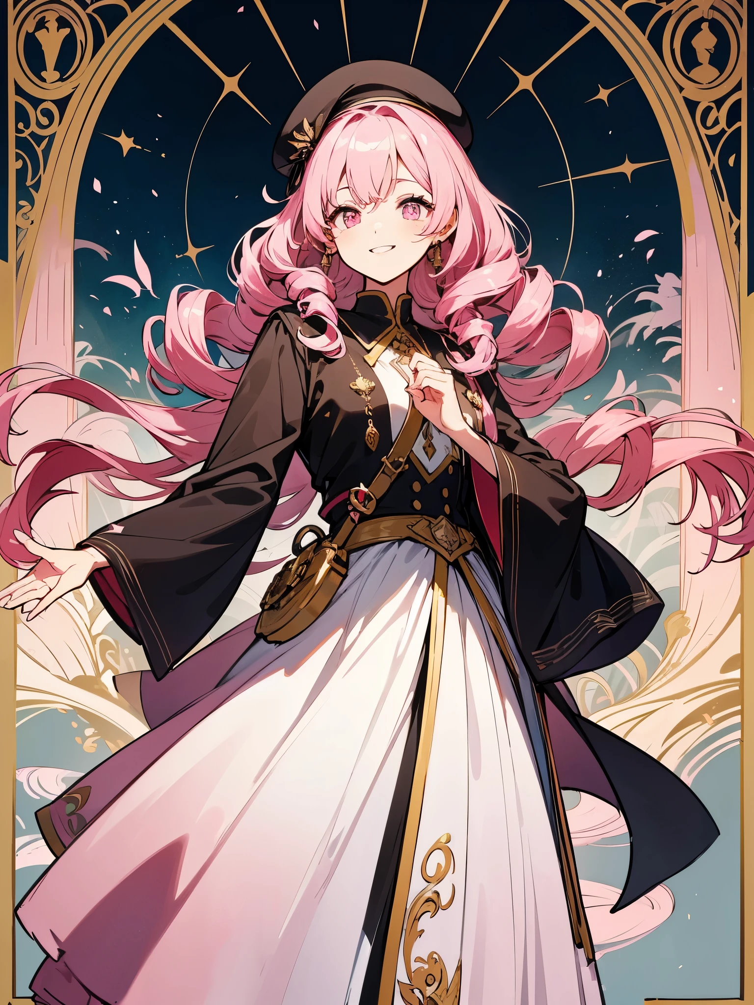(muste piece)(High definition)20th generation women、pink eyes、alone、smile、light pink hair、Hair style is twin drill、A uniform that looks like a fantasy arrangement、beret、raises both hands slightly above、He carries a medieval-style decorated sword on his back.、art nouveau background