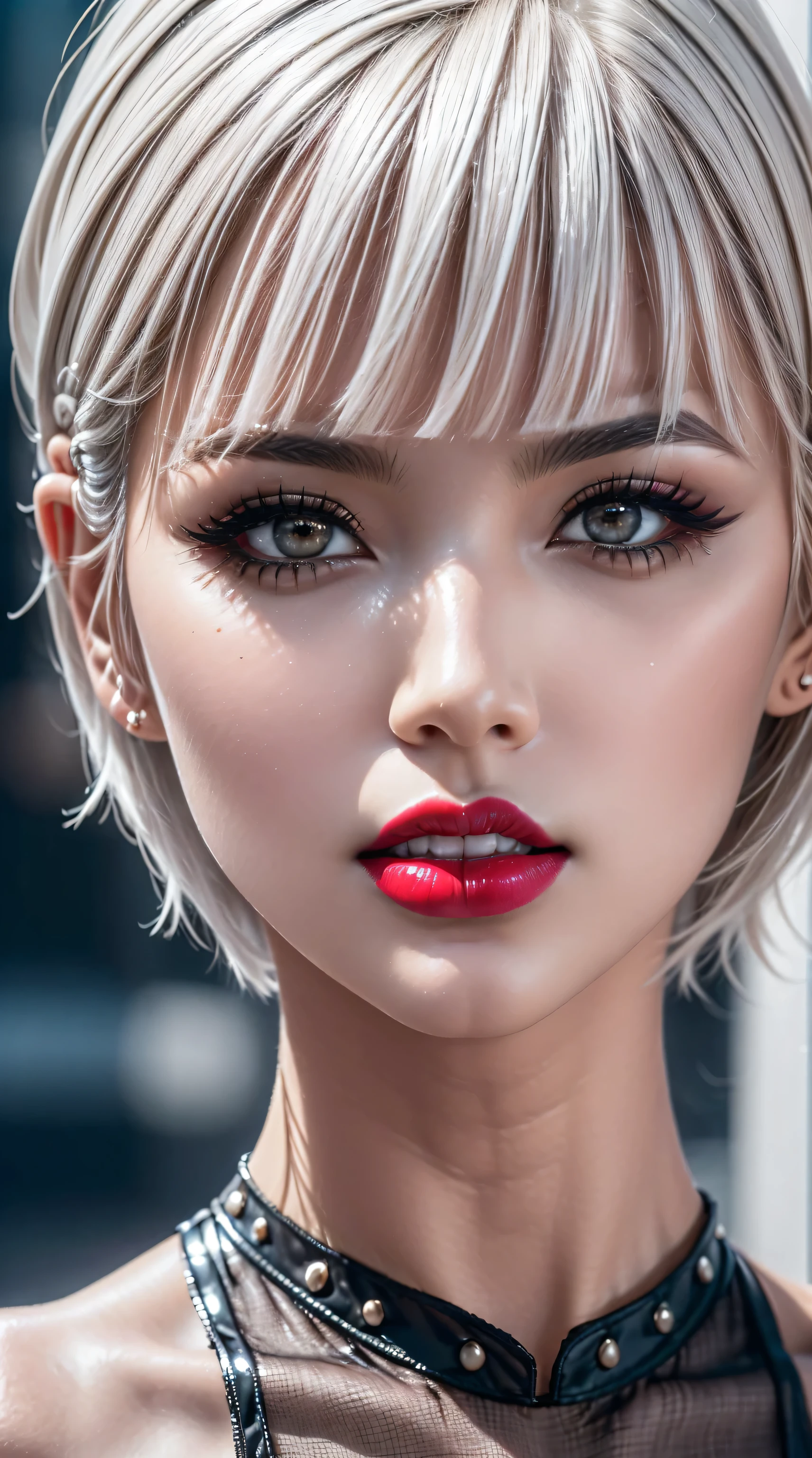 ((perfect round eyes))、dressed, (details of a very beautiful face)(best quality:1.4)16k resolution,(photo realistic:1.65), (realistic:1.65), (smoother lighting:1.05), (increase cinematic lighting quality:0.2), 16k, (1girl:1.4) 21years old、fashion supermodel、realistic lighting, backlighting, light on face, ray trace, (brightening light:1.1), (Increase quality:1.3), (best quality real texture skin:1.2), (ultra detailed eyes), finely detailed face, ((finely quality eyes)), (tired and sleepy and satisfied:0.0), ((face closeup:1.25)), (detailed lips:1.33)、(Detailed nose:1.2)、(Increase body line mood:1.1), (Increase skin texture beauty:1.3), (small head: 1.4)、(slim face), ((anatomically correct)), pink_makeup:1.3, long_blue_eyeliner:1.35, (red_lipstick:1.32), perfect dark_eyeshadows:1.35, there a close up of a woman's, (super detailed makeup on eyes:1.3), iridescent eyes, with professional makeup, vibrant eyes:1.2, ((Glamour, paparazzi taking pictures of her), (very complicated Extravagant street outfit), The attention to detail, Double eyelids, Wear an off-the-shoulder top, full bodyesbian，((White short hair:1.43)), ((brown_eyes:1.44)), contrast、 (dark shot:1.08)、 UHD, Extremely detailed, voluminetric warm lighting,