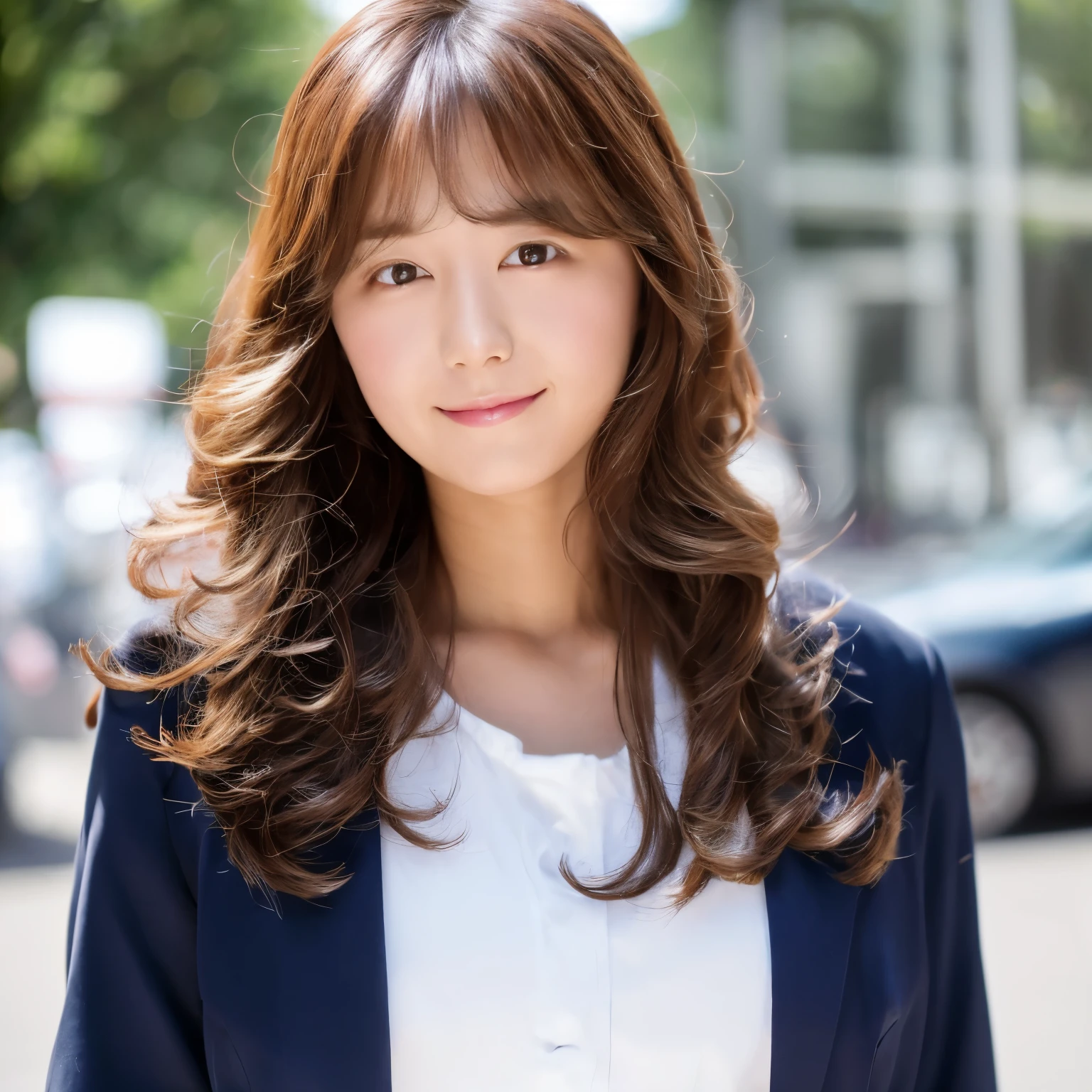 realistic, Raw photo, highest quality: 1.4), Japan, beautiful face, (realistic face), (medium hair:1.3), realistic eyes, beautiful eyes, (real skin), beautiful skin, Charm, full body photo,Ultra High resolution, surreal, High resolution, Beautiful Japan Woman, Navy suit, Are standing,office lady, suit, pants, white inner,office Street, detailed face, medium long hair, Loosening perm, soft smile,D cup bust,waving