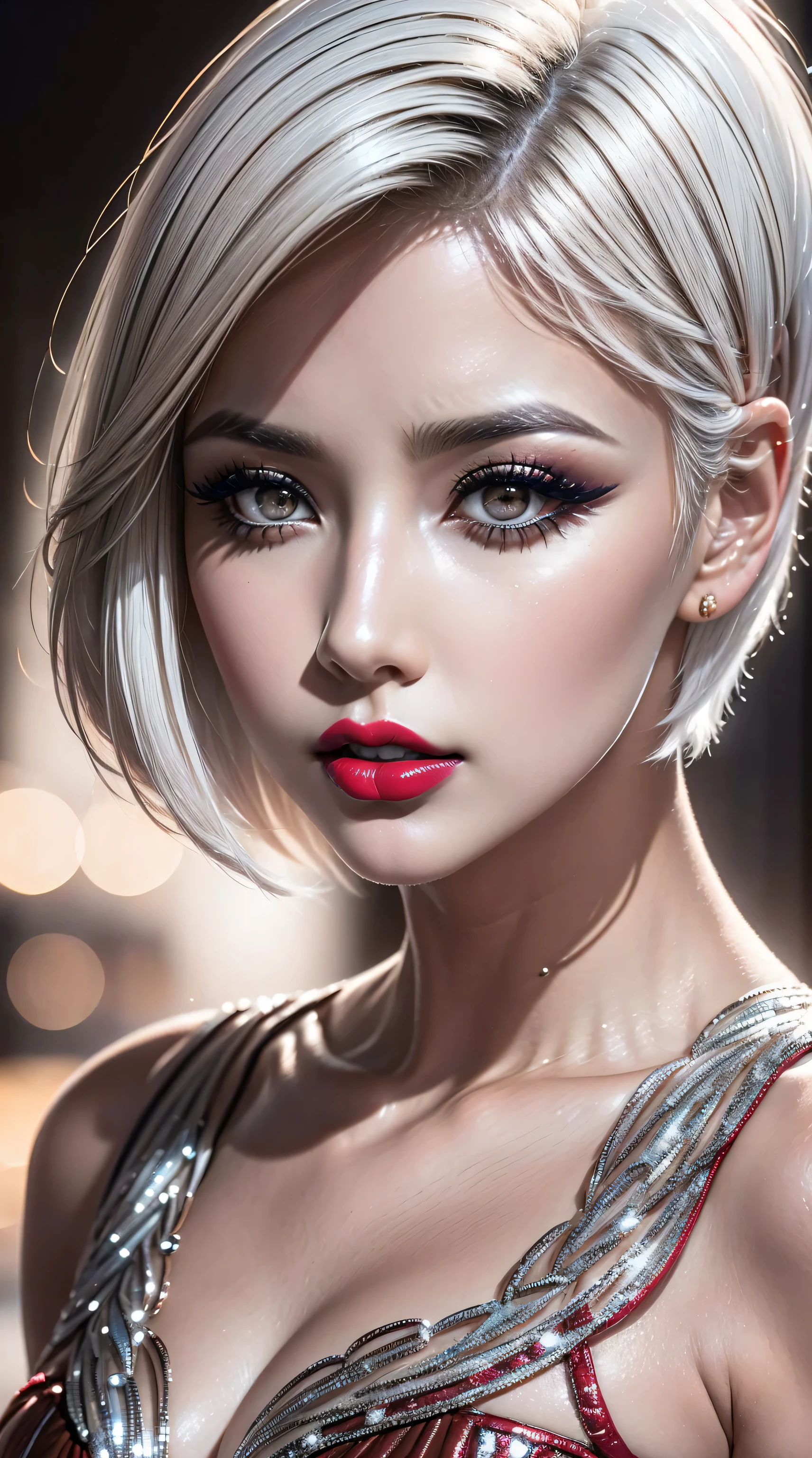 ((perfect round eyes))、dressed, (details of a very beautiful face)(best quality:1.4)16k resolution,(photo realistic:1.65), (realistic:1.65), (smoother lighting:1.05), (increase cinematic lighting quality:0.2), 16k, (1girl:1.4) 21years old、fashion supermodel、realistic lighting, backlighting, light on face, ray trace, (brightening light:1.1), (Increase quality:1.3), (best quality real texture skin:1.2), (ultra detailed eyes), finely detailed face, ((finely quality eyes)), (tired and sleepy and satisfied:0.0), ((face closeup:1.1)), (detailed lips:1.33)、(Detailed nose:1.2)、(Increase body line mood:1.1), (Increase skin texture beauty:1.3), (small head: 1.4)、(slim face), ((anatomically correct)), pink_makeup:1.3, long_blue_eyeliner:1.35, (red_lipstick:1.32), perfect dark_eyeshadows:1.35, there a close up of a woman's, (super detailed makeup on eyes:1.3), iridescent eyes, with professional makeup, vibrant eyes:1.2, ((Glamour, paparazzi taking pictures of her), (very complicated Extravagant street outfit), The attention to detail, Double eyelids, Wear an off-the-shoulder top, full bodyesbian，((White short hair:1.43)), ((brown_eyes:1.44)), contrast、 (dark shot:1.08)、 UHD, Extremely detailed, voluminetric warm lighting,