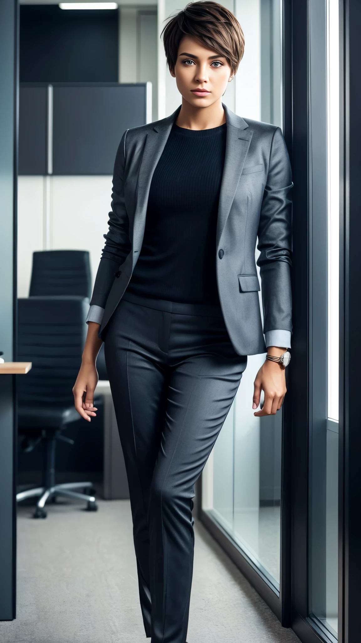 Full body shot, full body portrait, high resolution, high detailed, detailed face, detailed clothes. A woman disguises herself as a man wearing men's clothes, and short-haired, she looks convincing and confidence, face to viewer, body facing to viewer. She stands in an office, professional atmosphere, cool ambience, bright light