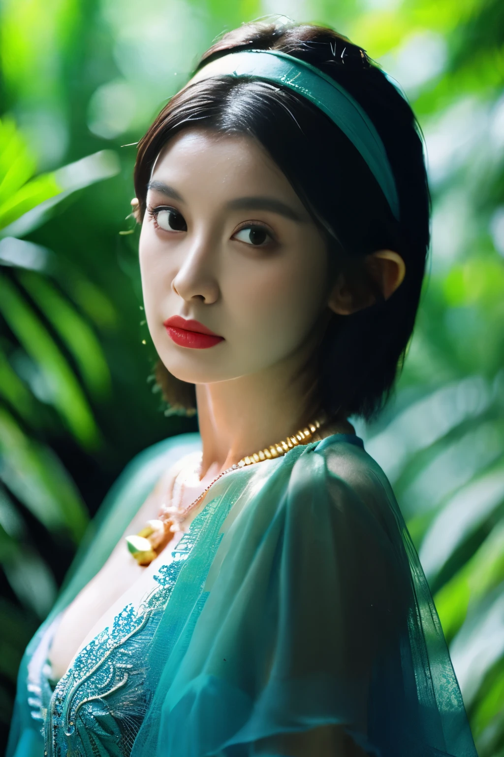 fashion photography portrait of woman avatar, 1girl in blue lush Alien Rainforest with flowers and birds, fantasy, octane render, hdr, Dolby Vision, (intricate details, hyperdetailed:1.2), (natural skin texture, hyperrealism, soft light:1.2), fluffy short hair, , sharp focus, night, necklace, Chinese mythology, cleavage, medium breasts, sci-fi headband, looking at viewer, best quality, perfect body,