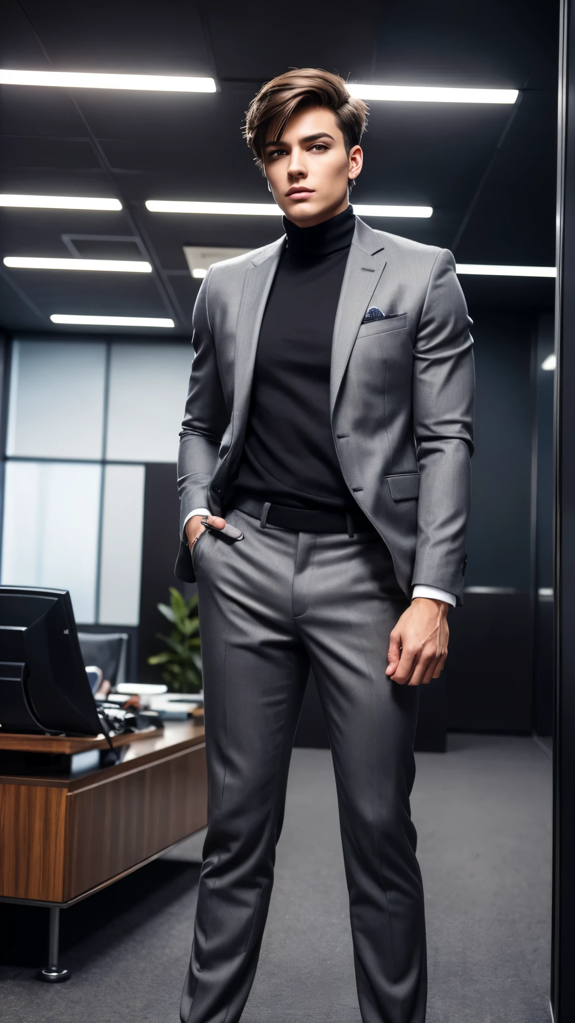 Full body shot, full body portrait, high resolution, high detailed, detailed face, detailed clothes. A woman disguises herself as a man wearing men's clothes, and short-haired, masculine make up, she looks convincing and confidence, face to viewer, body facing to viewer. She stands in an office, professional atmosphere, cool ambience, bright light