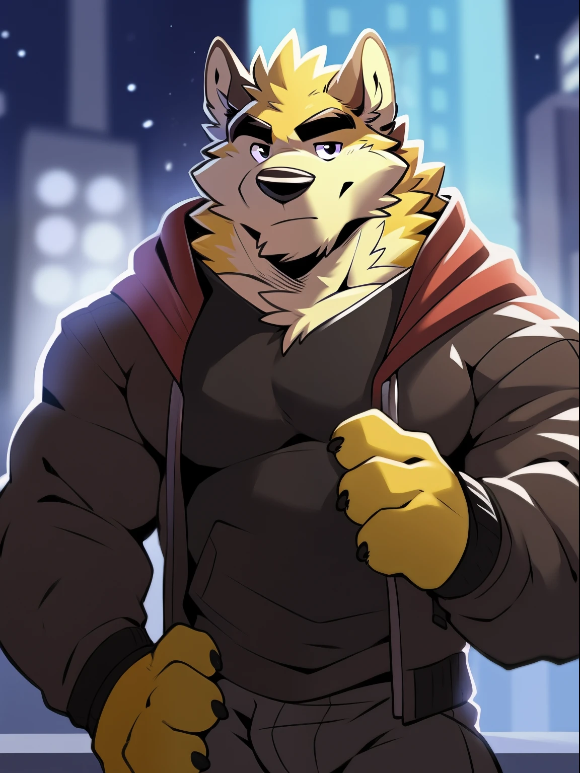 author: Takemoto Arashi, (1 boy), One, Men's Antro, cooper krager, solo, looking at viewer, shirt, 1boy, jacket, male focus, open clothes, hood, black shirt, hoodie, muscular, pectorals, muscular male, bara, hooded jacket, sharp fingernails, night city, neon, furutistic, yellow fur