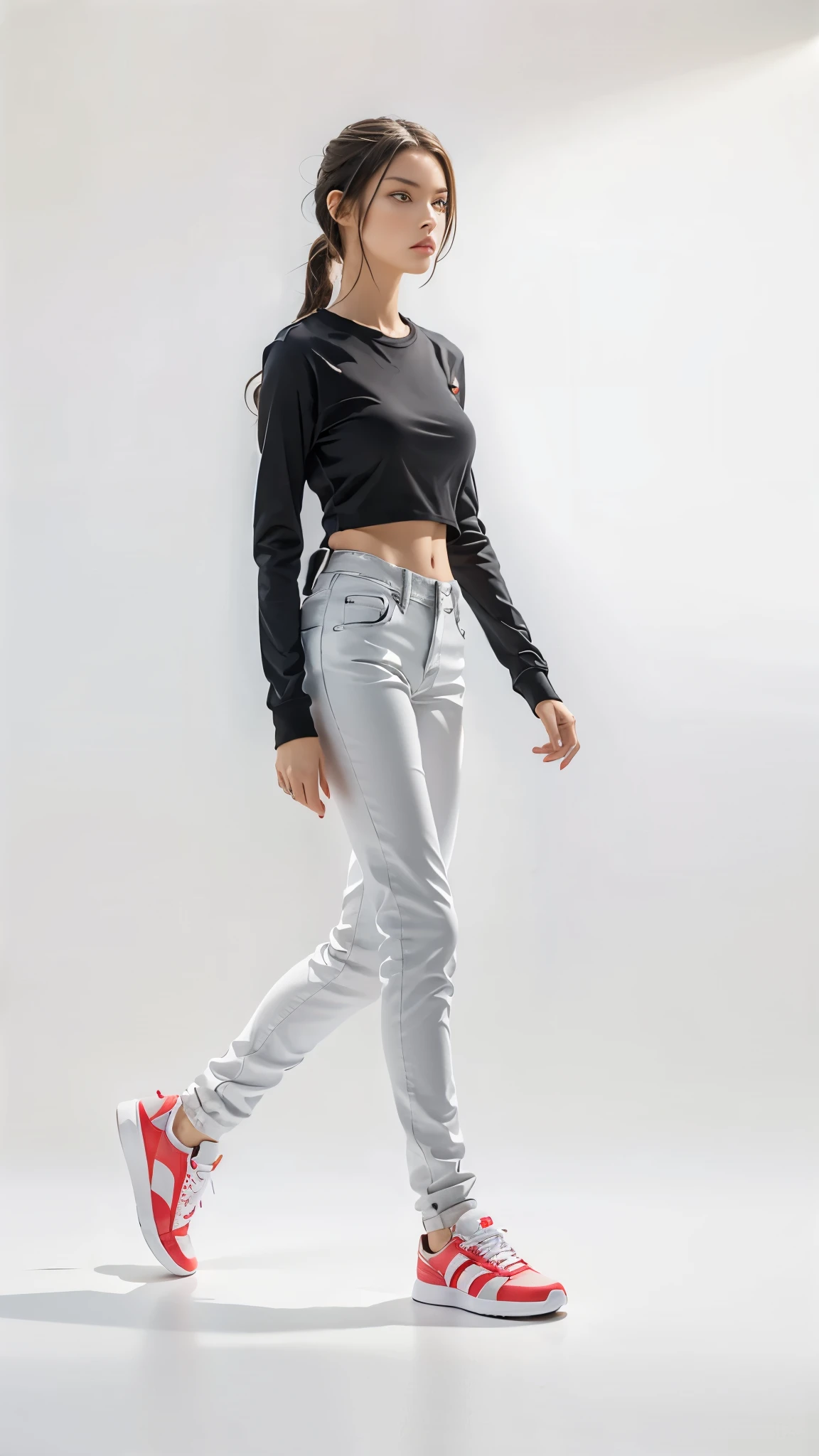 16K, Masterpiece, photorealism, A girl walks to her full height, a girl with dark long hair, a girl dressed in a white top, light jeans, white sneakers, white background,