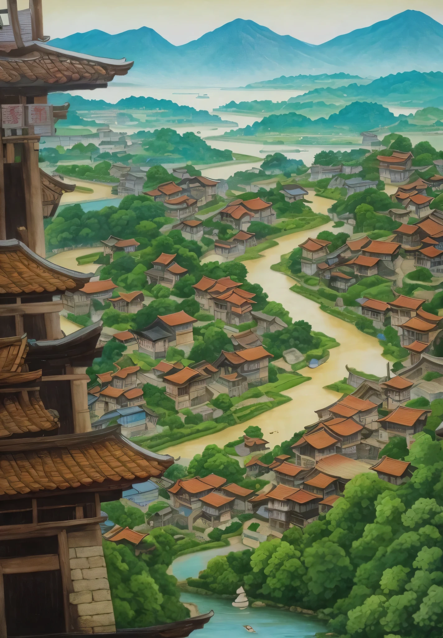 painting of a view of a town with a river and a bridge, chinese village, japense village in background, japanese town, dreamy chinese town, town background, town in the background, japanese village, japanese rural town, traditional korean city, old asian village, legend of korra setting, ehime, edo period, fantasy town setting