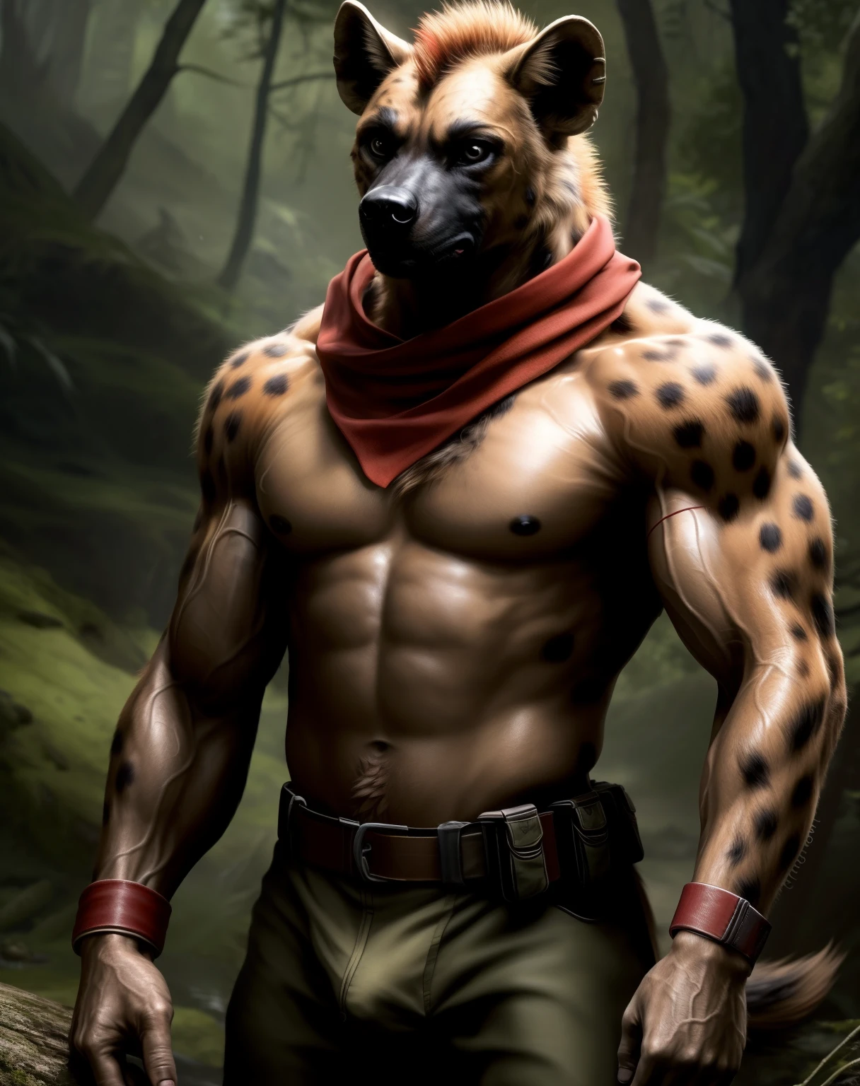 anthro, hyena, gnoll, solo, male, adult, veiny muscles, muscular, buffed body, military pants, war hero, serious look, small eye, furred body, detailed background, wilderness background, clear weather, realistic, photorealistic, ultra realistic, 8k, bare-chested, red armband, black nipples, black eyes, tight big crotch, shirtless, red scarf, red headband, utility belt, glistening skin