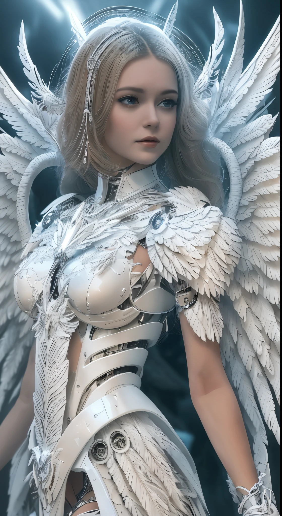 Close-up of a woman in a white dress with wings, full body angel, futuristic robot angel, amazing angel wings, angel knight gothic girl, angel in plastic armor, intricate costume designs, As a mysterious Valkyrie, The whole body is made of white feathers,, futuristic and fantastic, white wings, beautiful angel wings, steampunk angel, beautiful cyborg angel girl, graceful wings,dynamic angle, wide shot
