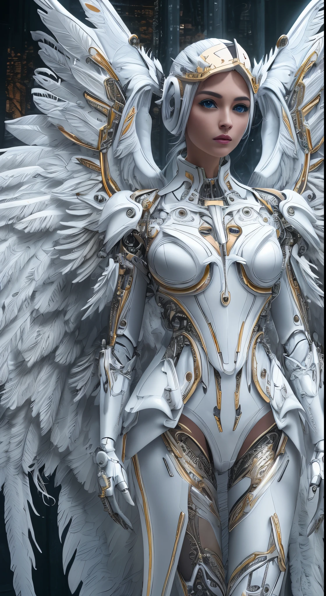 Close-up of a woman in a white dress with wings, full body angel, futuristic robot angel, amazing angel wings, angel knight gothic girl, angel in plastic armor, intricate costume designs, As a mysterious Valkyrie, The whole body is made of white feathers,, futuristic and fantastic, white wings, beautiful angel wings, steampunk angel, beautiful cyborg angel girl, graceful wings,dynamic angle, wide shot
