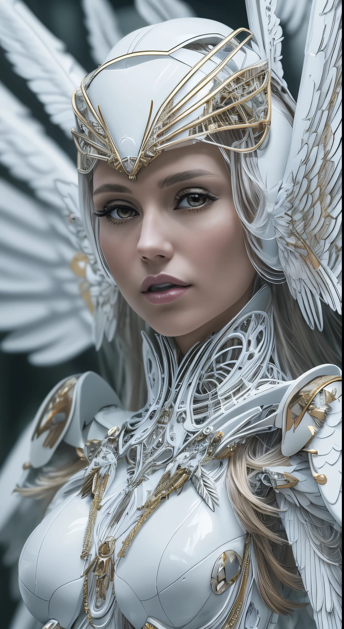 Close-up of a woman in a white dress with wings, full body angel, futuristic robot angel, amazing angel wings, angel knight gothic girl, angel in plastic armor, intricate costume designs, As a mysterious Valkyrie, The whole body is made of white feathers,, futuristic and fantastic, white wings, beautiful angel wings, steampunk angel, beautiful cyborg angel girl, graceful wings