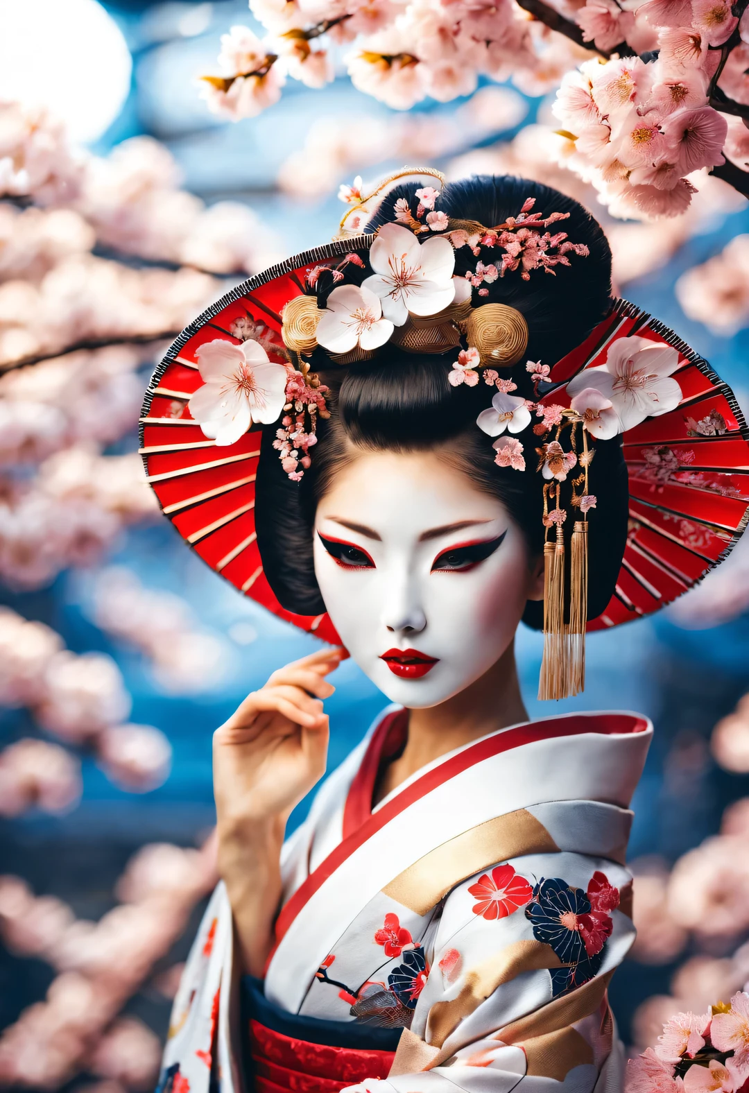 (Under white cherry blossoms，Geisha stands gracefully, Look back and smile: 0.85), (many, many white cherry blossom petals are falling one after another),
White base makeup on girl&#39;s face without any highlight or shadow decoration. All-white makeup covering face and neck. Red lip makeup is a small mouth that is smaller than the normal lip area. Thick eyeliner can emphasize the eye contour, Strengthen eyes, Pupils appear dark and deep. One-line eyebrows are eye-catching without being harsh, And the whole face is clean. Typical Japanese Geisha makeup,
(Wearing a gorgeous kimono embroidered with black and gold cherry blossoms: 0.8), Long-sleeved kimono, Wearing Japanese getas,
background: under the sunset, many red cherry blossom petals fall one after another, deep pink and blue,
Surrealism, Realistic depiction of light and shadow, Real and exaggerated photos, super high quality, Super detailed details, movie shot, shallow view deep,