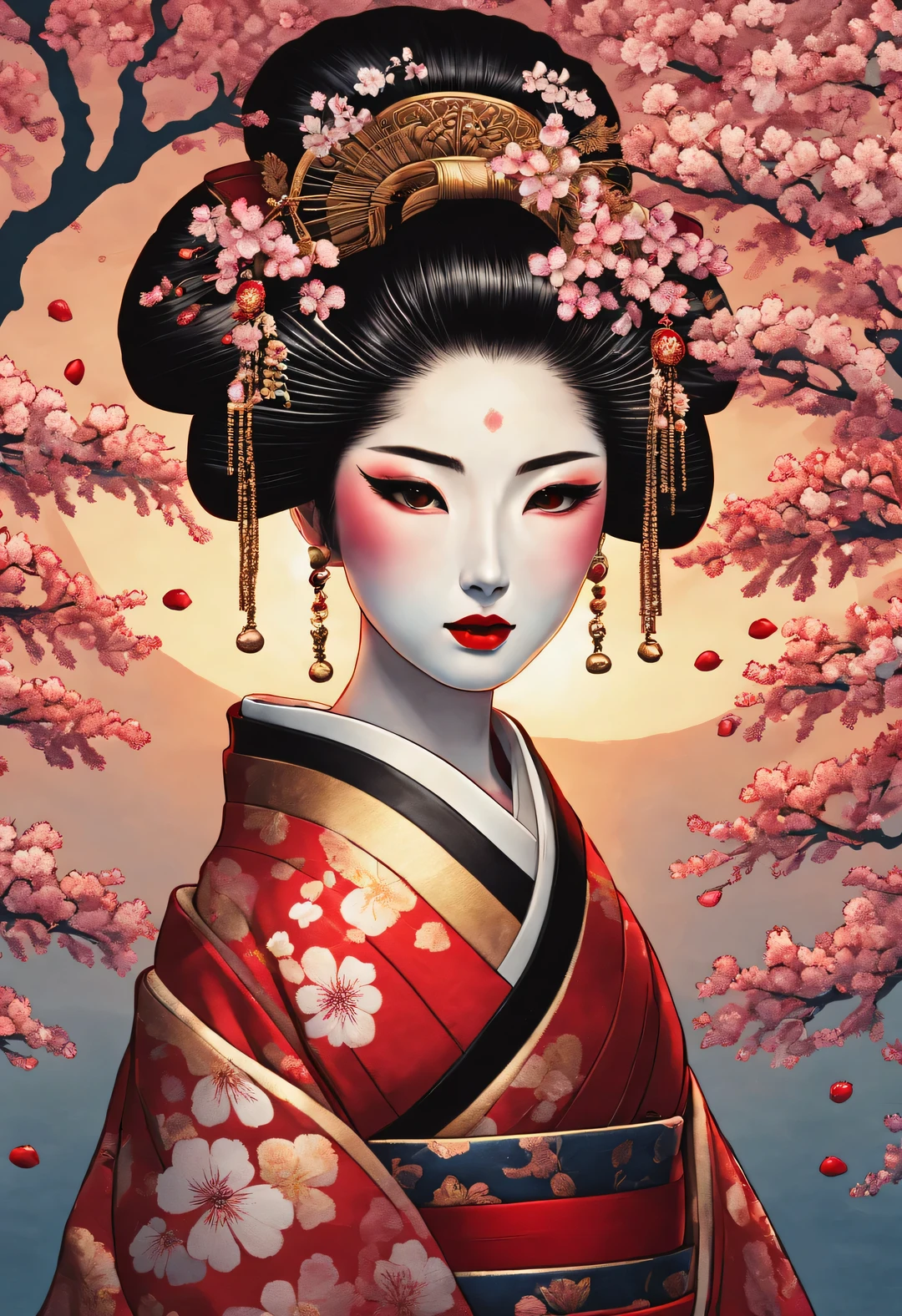 (Under white cherry blossoms，Geisha stands gracefully, Look back and smile: 0.85), (many, many white cherry blossom petals are falling one after another),
White base makeup on girl&#39;s face without any highlight or shadow decoration. All-white makeup covering face and neck. Red lip makeup is a small mouth that is smaller than the normal lip area. Thick eyeliner can emphasize the eye contour, Strengthen eyes, Pupils appear dark and deep. One-line eyebrows are eye-catching without being harsh, And the whole face is clean. Typical Japanese Geisha makeup,
(Wearing a gorgeous kimono embroidered with black and gold cherry blossoms: 0.8), Long-sleeved kimono, Wearing Japanese getas,
background: under the sunset, many red cherry blossom petals fall one after another, deep pink and blue,
Surrealism, Realistic depiction of light and shadow, Real and exaggerated photos, super high quality, Super detailed details, movie shot, shallow view deep,